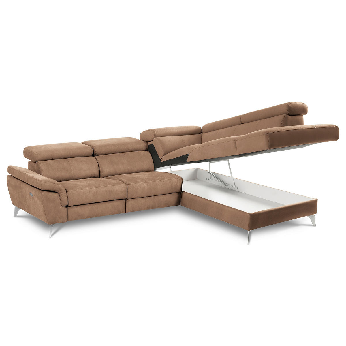 ECKSOFA SONO in Lederlook Hellbraun Bettkasten, Armteilverstellung, Kopfteilverstellung  265/210 cm  - Chromfarben/Hellbraun, Design, Textil/Metall (265/210cm) - Livetastic