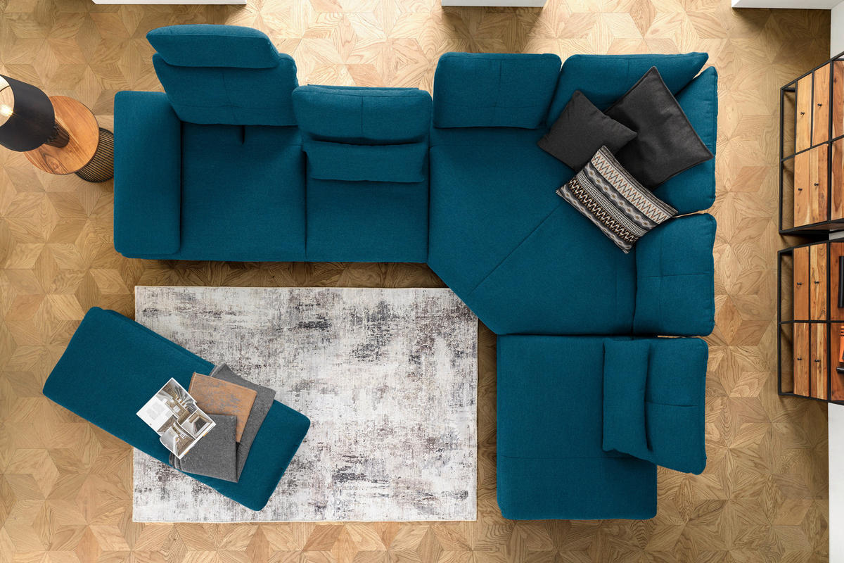ECKSOFA in Flachgewebe Dunkelblau  - Schwarz/Dunkelblau, Design, Textil/Metall (344/271cm) - Chilliano