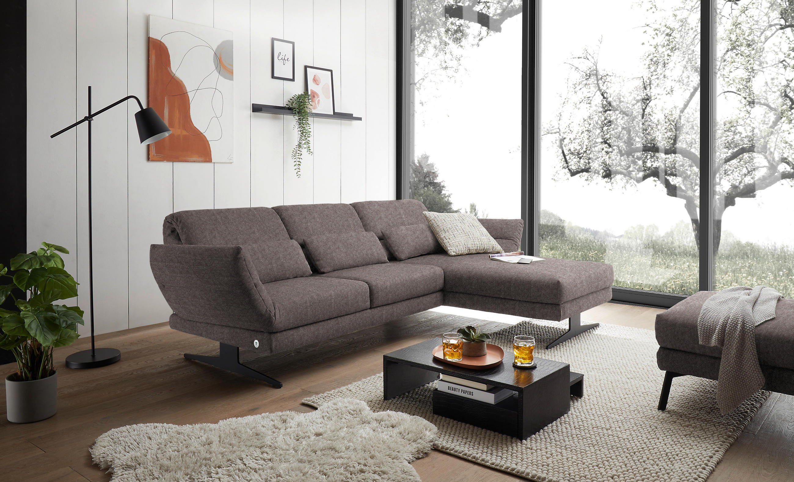 ECKSOFA in Flachgewebe Greige  - Greige/Schwarz, Design, Textil/Metall (279-327/176-217cm) - Dieter Knoll