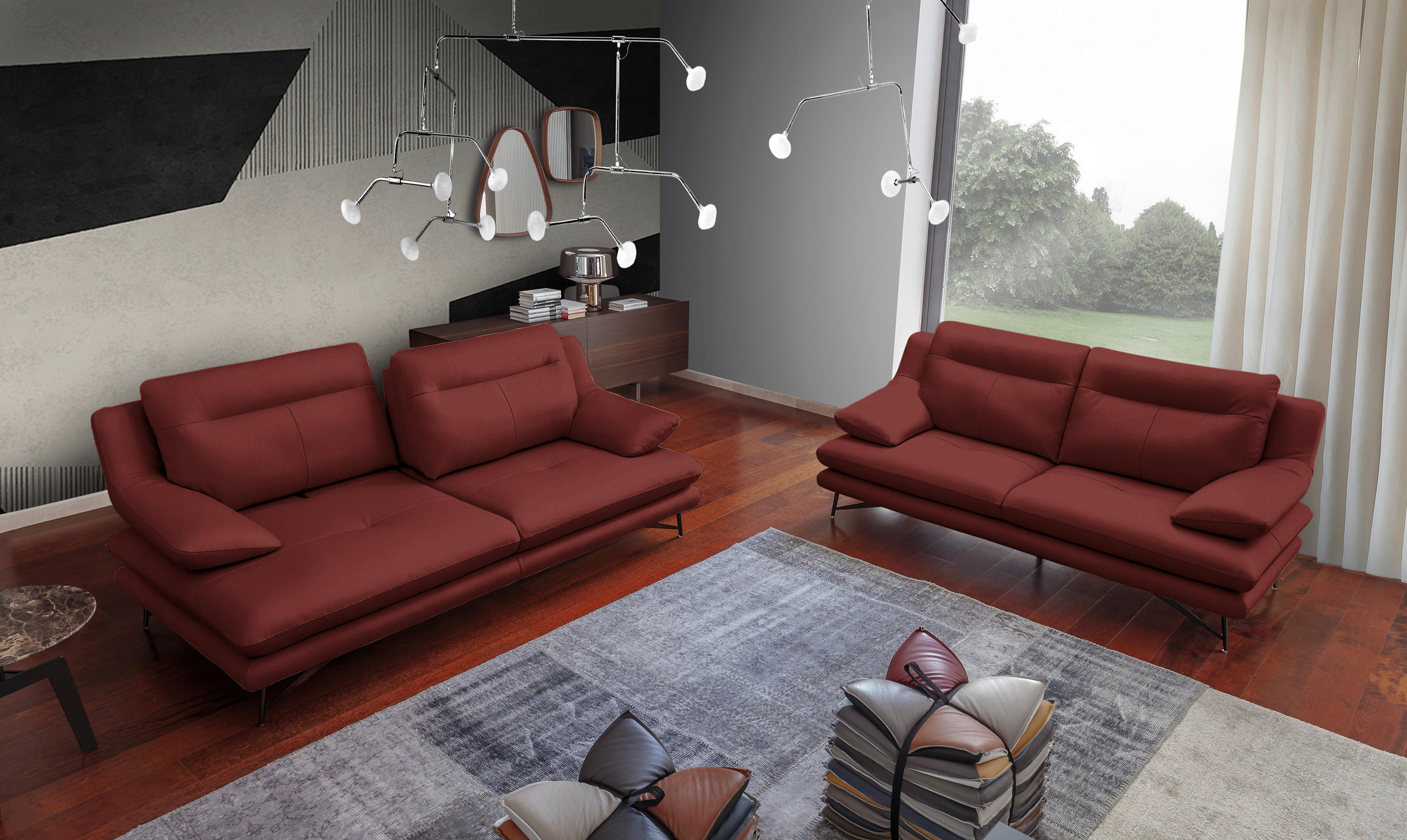 3-SITZER-SOFA in Leder Rot  - Rot, Design, Leder/Metall (215/90/109cm)