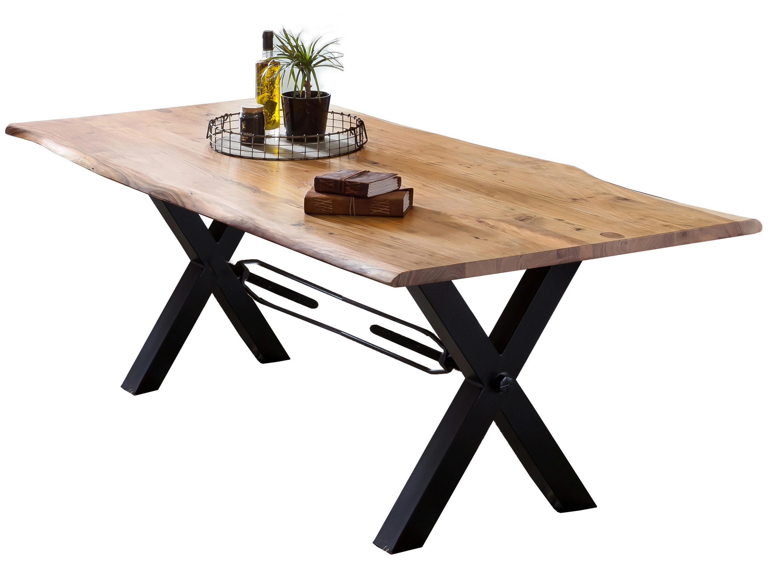 ESSTISCH 180/90/76 cm Echtholz  Holz, Metall rechteckig Naturfarben, Schwarz  - Schwarz/Naturfarben, MODERN, Holz/Metall (180/90/76cm) - MID.YOU