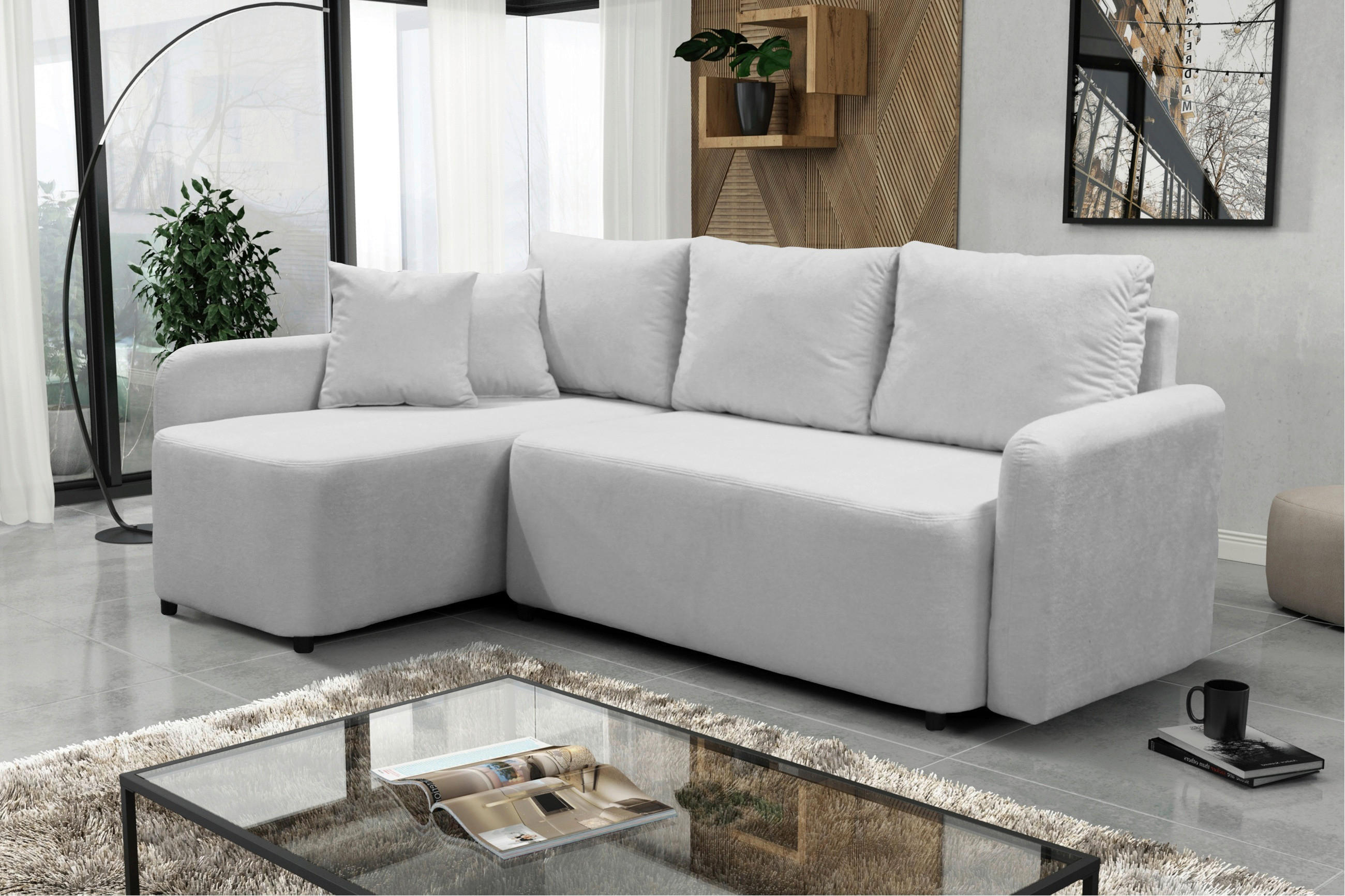 ECKSOFA STERN Hellgrau Bouclé Zierkissen, Rückenkissen, Bettkasten  - Hellgrau/Schwarz, Design, Kunststoff/Textil (152/207cm) - MID.YOU