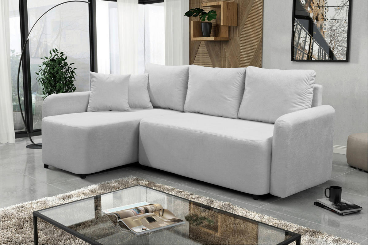 ECKSOFA STERN Hellgrau Bouclé Zierkissen, Rückenkissen, Bettkasten  - Hellgrau/Schwarz, Design, Kunststoff/Textil (152/207cm) - MID.YOU