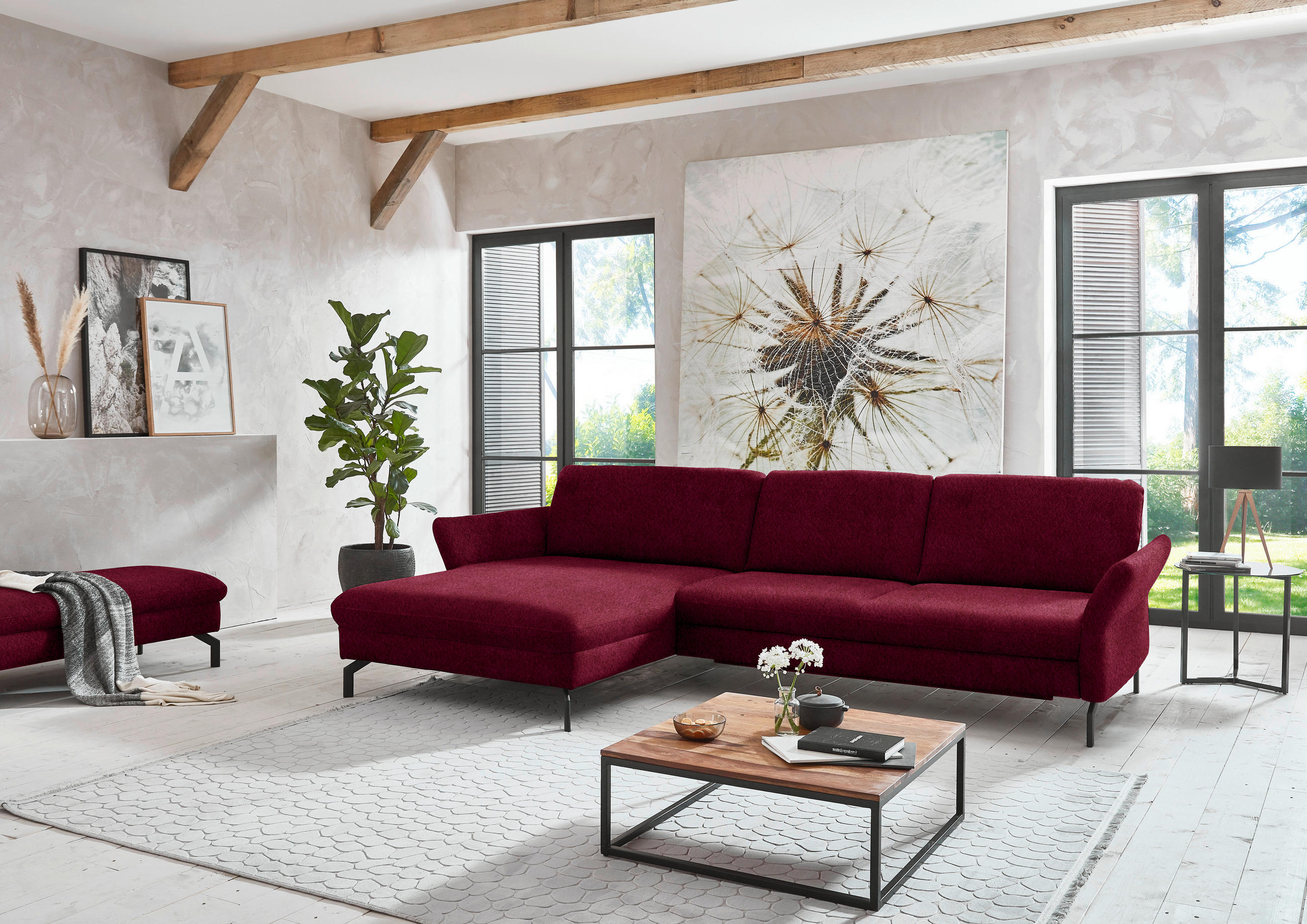 ECKSOFA in Velours Beere  - Beere/Schwarz, Design, Textil/Metall (179/306cm) - Beldomo System