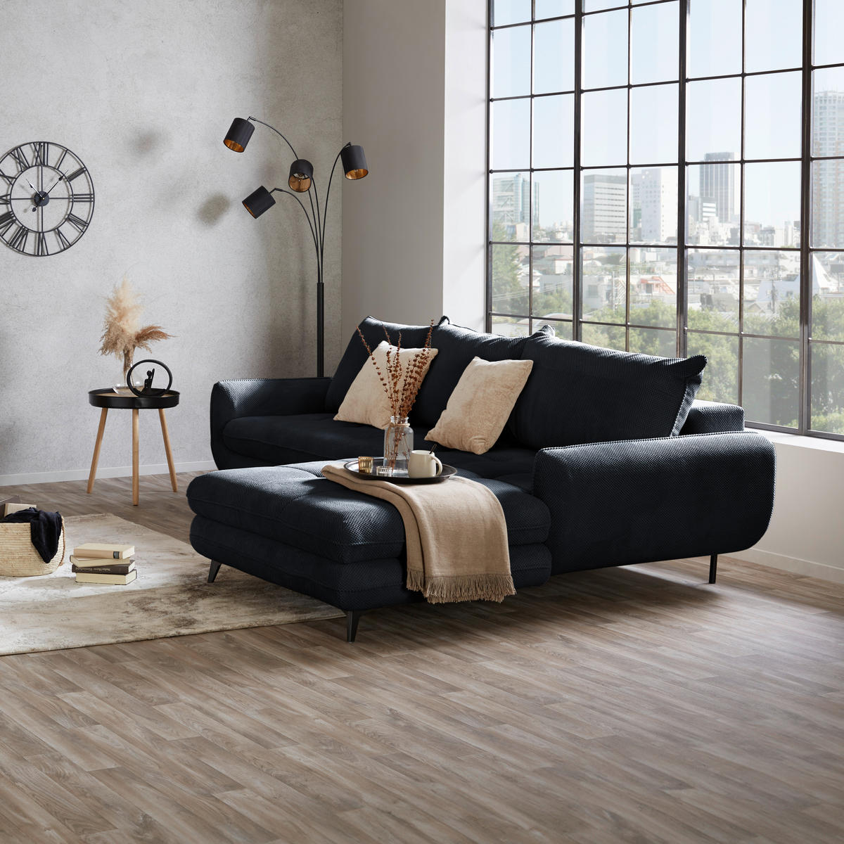 ECKSOFA WAVE Schwarz Struktur  - Beige/Schwarz, MODERN, Textil/Metall (266/189cm) - MID.YOU