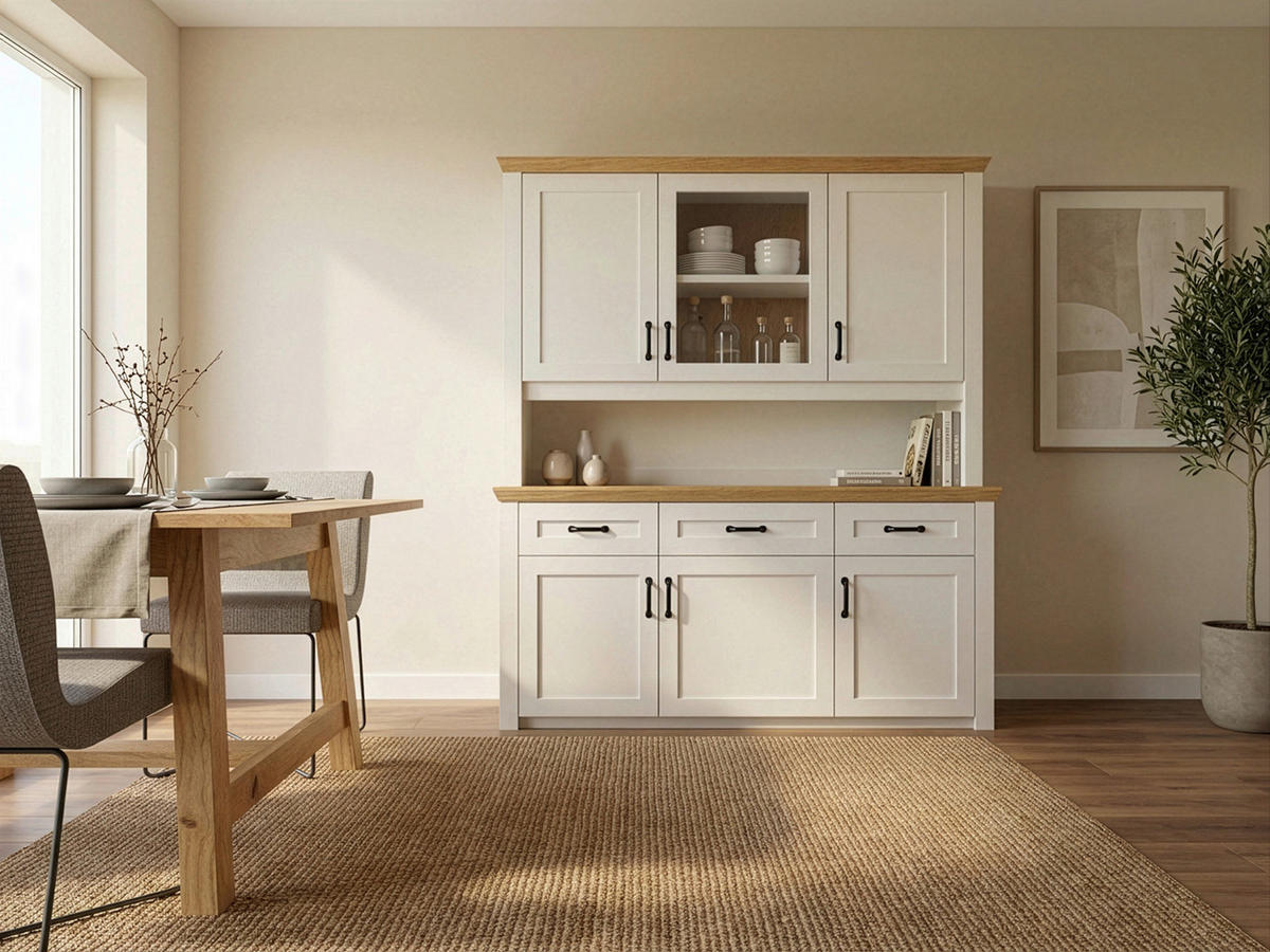 BUFFET 166/185/43 cm  in Weiß, Eichefarben  - Eichefarben/Messingfarben, LIFESTYLE, Glas/Holz (166/185/43cm) - Landscape