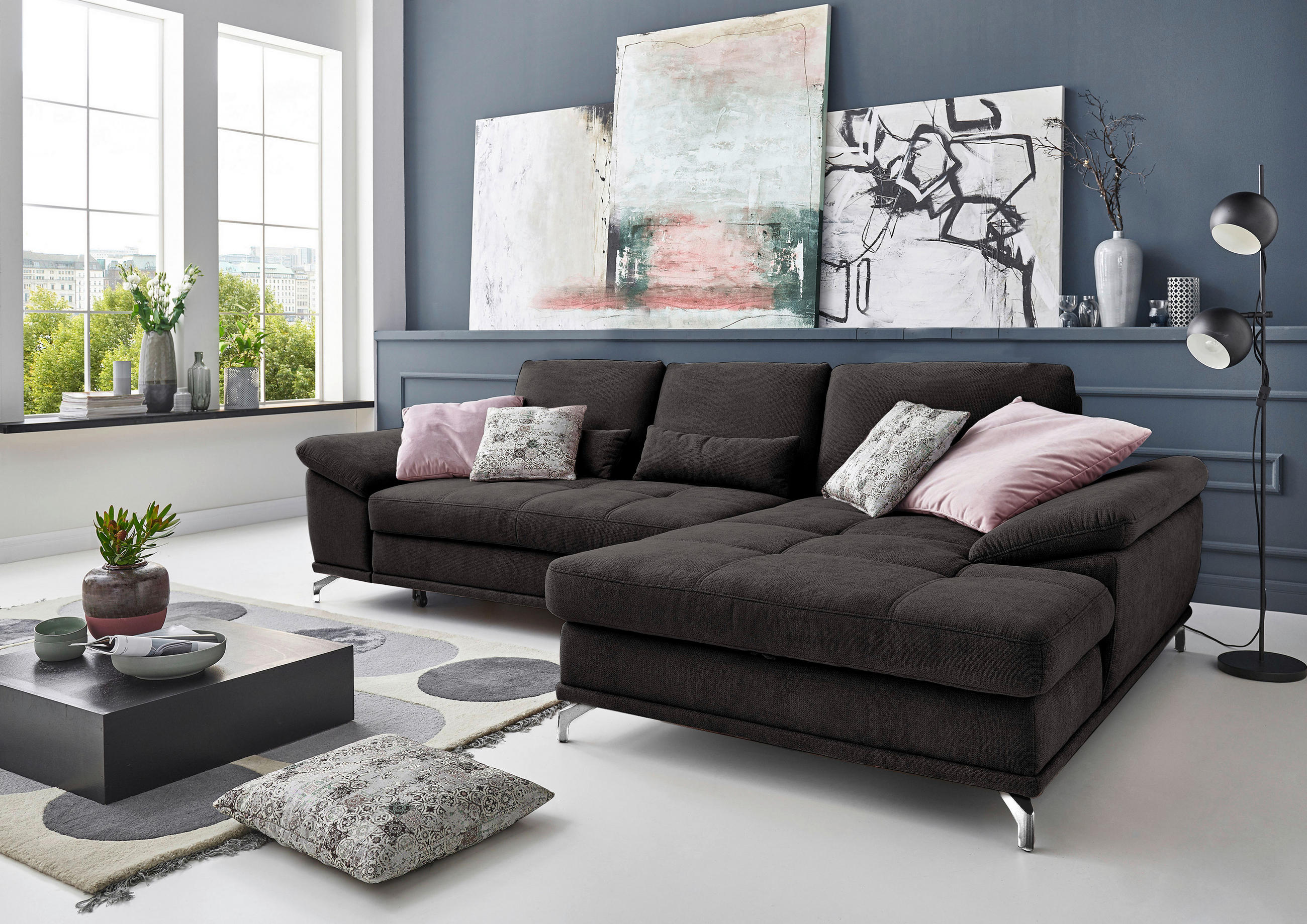ECKSOFA Schwarz Flachgewebe Sitztiefenverstellung  - Silberfarben/Schwarz, KONVENTIONELL, Textil/Metall (301/176cm) - Sit & More