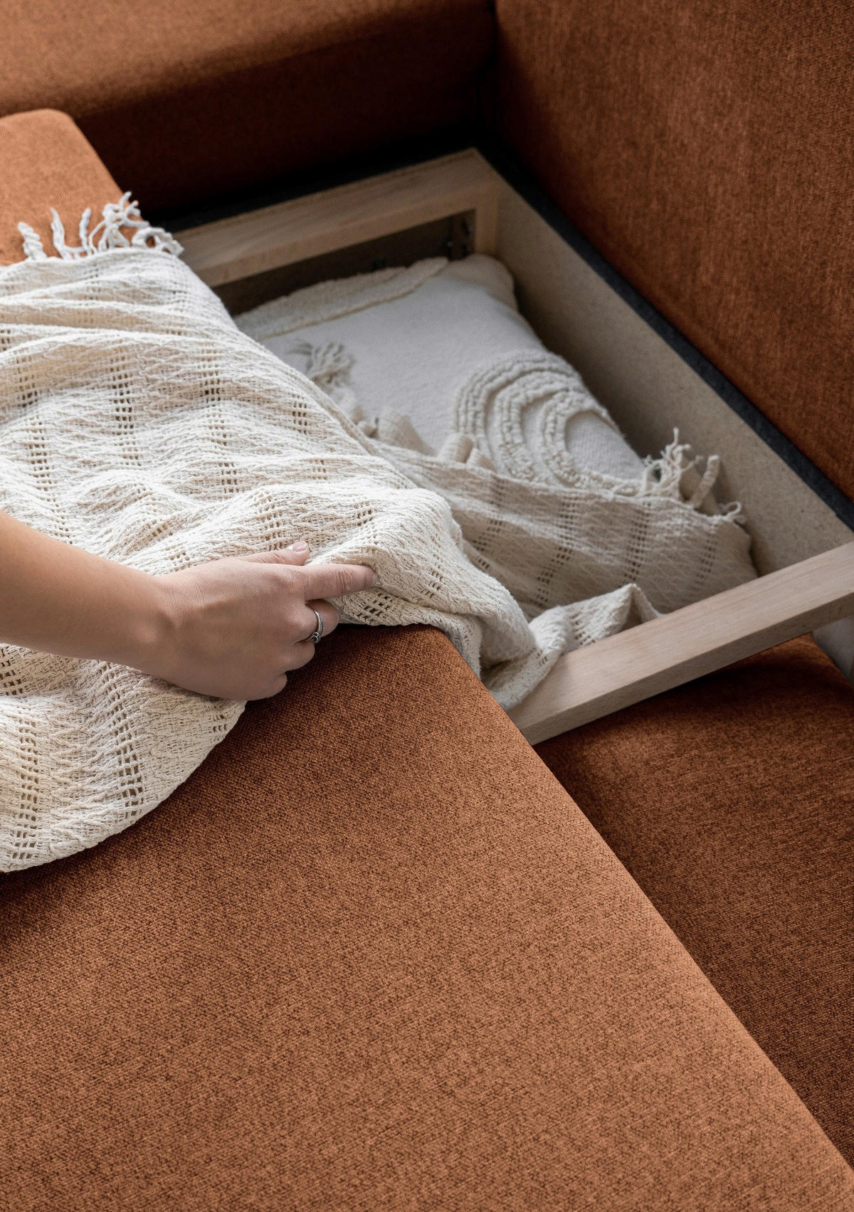 Colțar, textil, teracotă, 202/242 cm - teracotă/culoare natur, lemn/textil (202/242cm) - MID.YOU