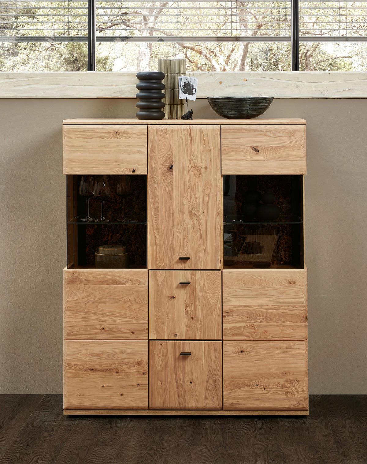 HIGHBOARD Braun, Eschefarben, Eiche Artisan  116/140/40 cm  - Anthrazit/Eschefarben, Natur, Glas/Holz (116/140/40cm) - Linea Natura