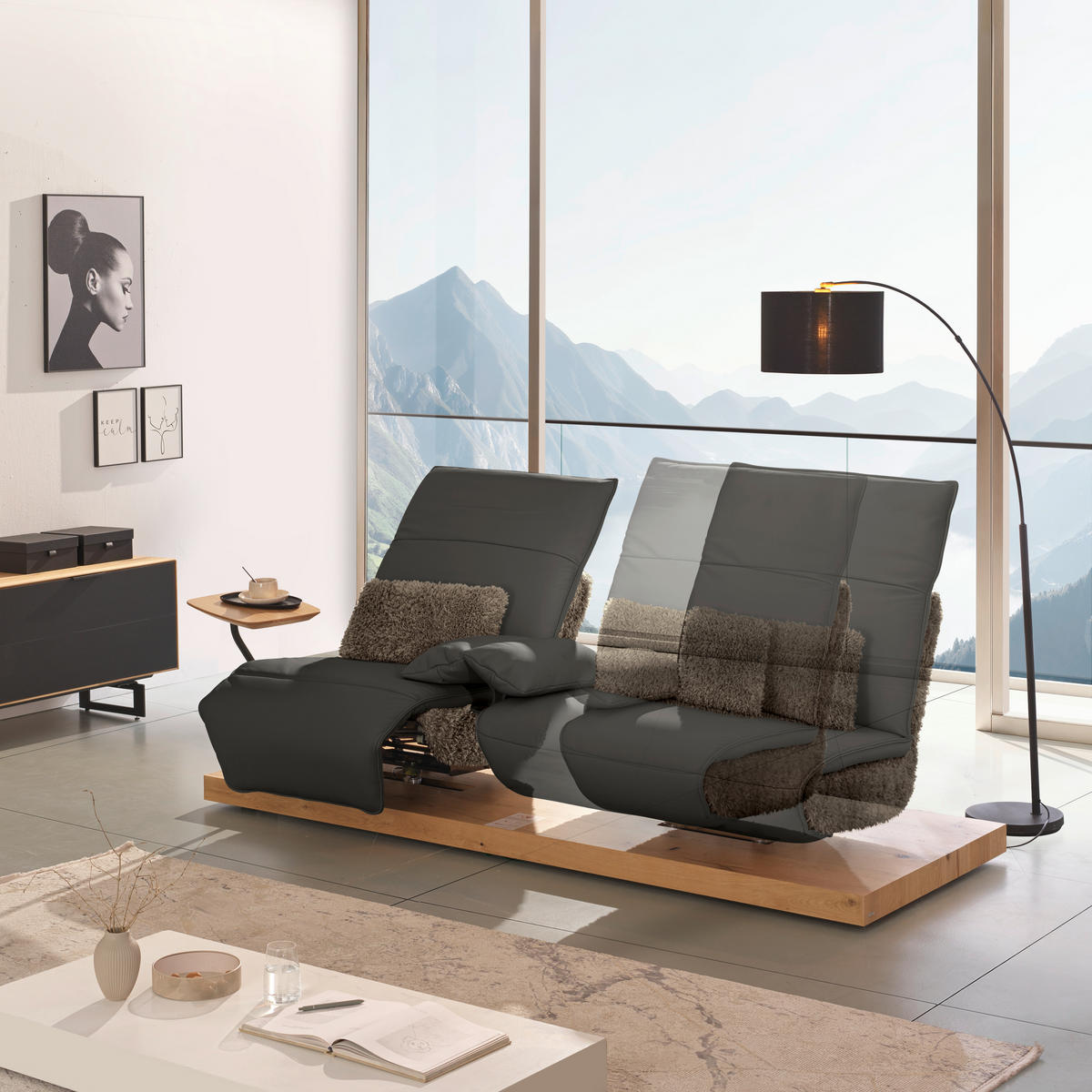 2-SITZER-SOFA  in Hochflor Echtleder Dunkelbraun, Graubraun  - Dunkelbraun/Graubraun, Design, Leder/Holz (240/65/104cm) - Koinor