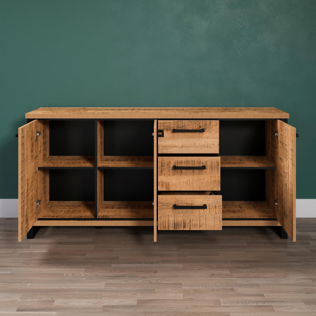 SIDEBOARD Sao Paulo WO 180/86/45 cm 3 Schublade(n)  - Schwarz/Naturfarben, Basics, Holzwerkstoff/Metall (180/86/45cm) - MID.YOU