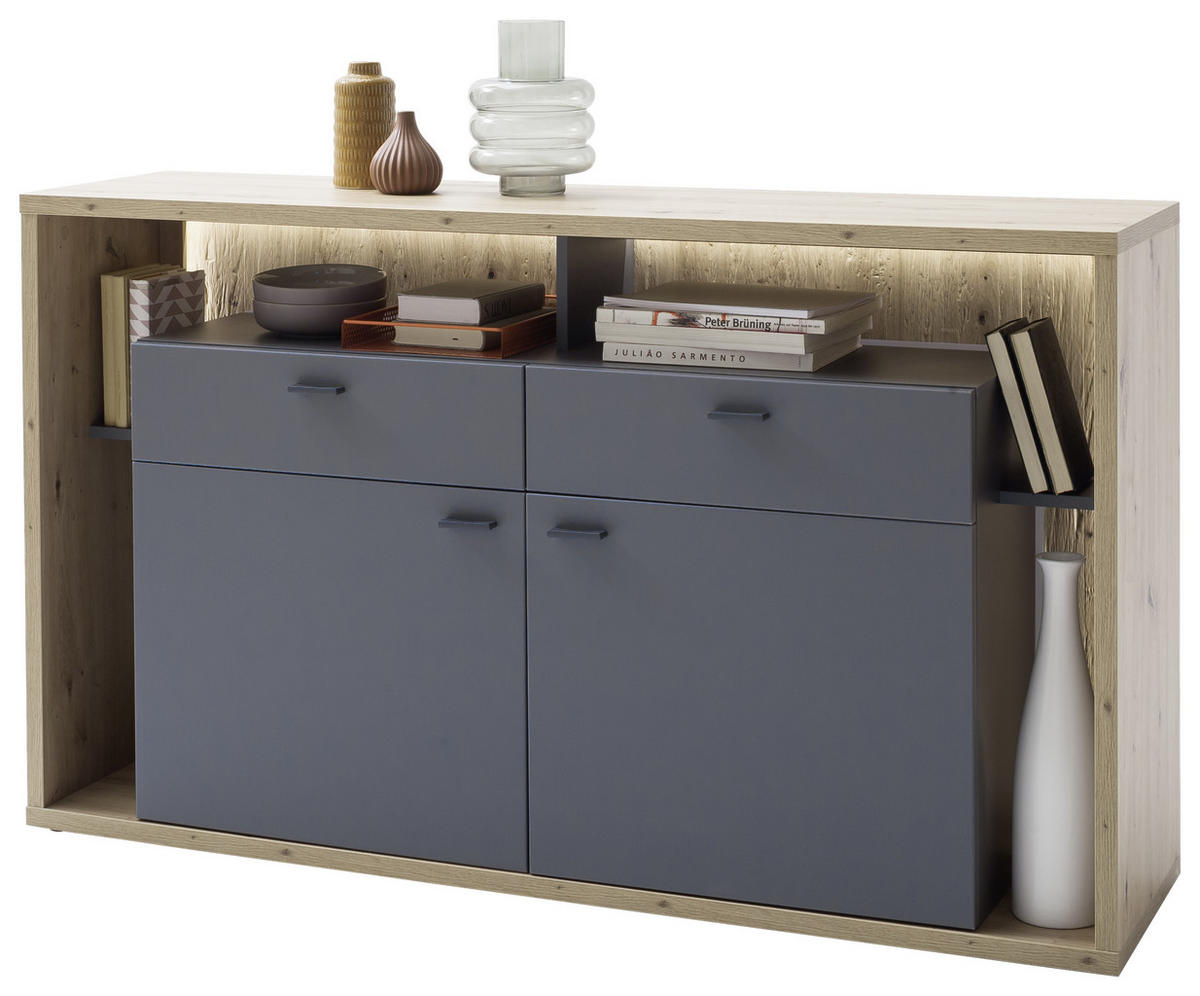 KOMODA S VRATIMA - siva/boja hrasta, Dizajnerski, metal/pločasti materijal (156/91/40cm) - Carryhome
