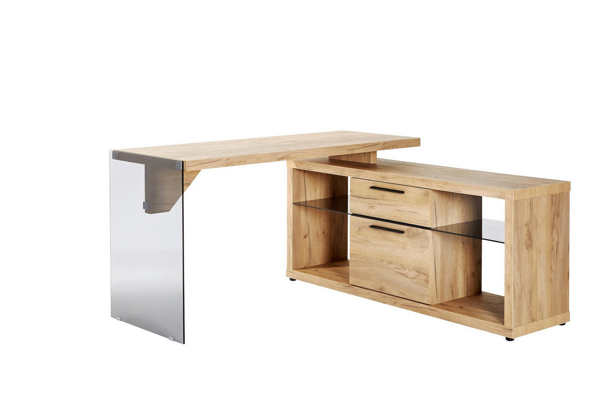ECKSCHREIBTISCH 141,8/140/74 cm  in Eichefarben  - Eichefarben/Schwarz, Design, Glas/Holzwerkstoff (141,8/140/74cm)