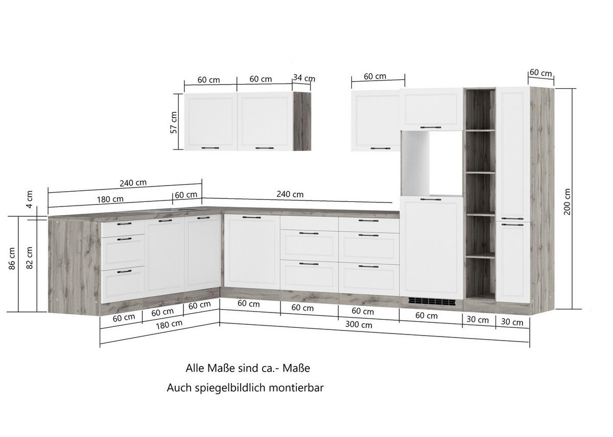 ECKKÜCHE 240/360 cm  in Weiß, Eiche Wotan  - Eiche Wotan/Schwarz, LIFESTYLE, Holzwerkstoff/Metall (240/360cm) - Held