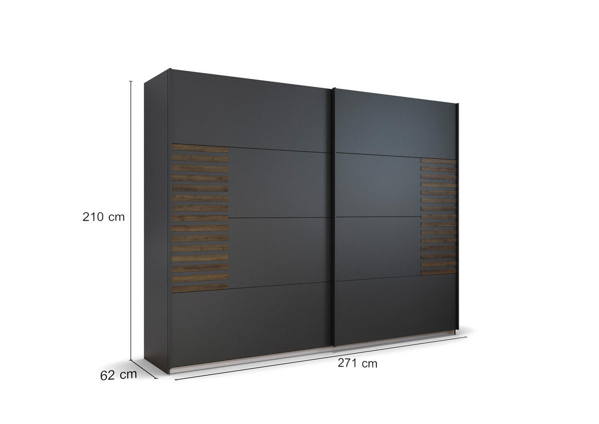 SCHWEBETÜRENSCHRANK in Dunkelgrau, Eiche dunkel  - Eiche dunkel/Dunkelgrau, Modern, Holzwerkstoff/Metall (271/210/62cm) - Rauch Möbel