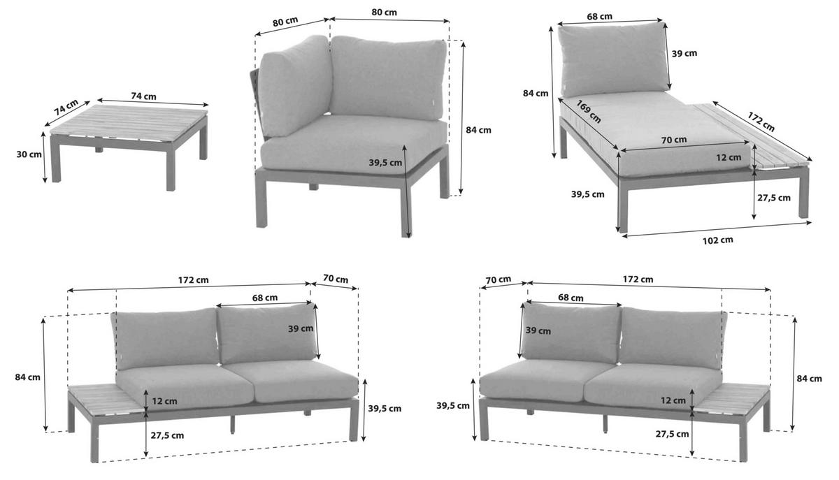 LOUNGEGARNITUR Teakholz massiv Aluminium  - Anthrazit/Grau, KONVENTIONELL, Holz/Textil (252/84/354cm) - Siena Garden