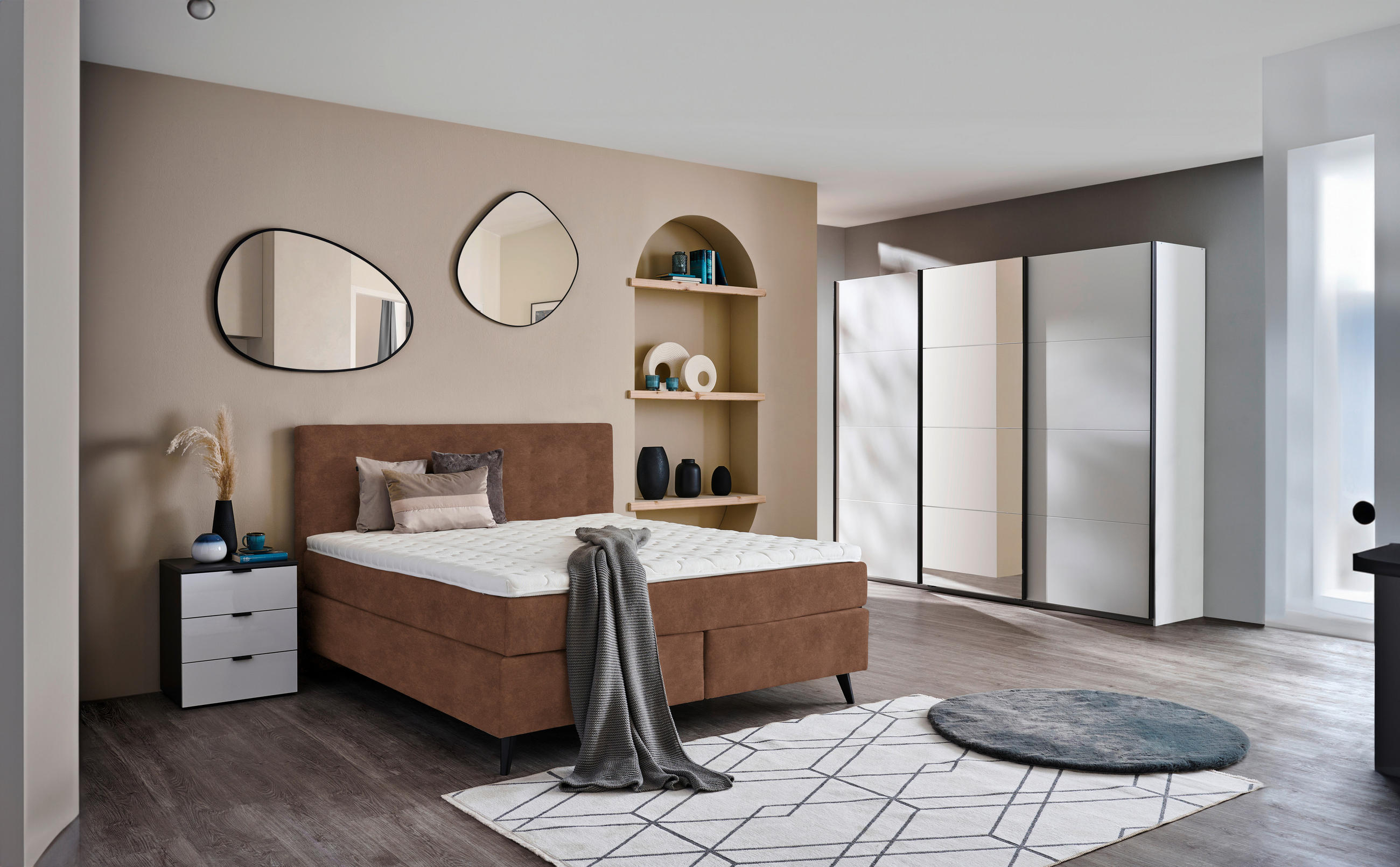 Thumbnail - Voleo Boxspringbett, Cognac, Textil, H3, Höhe ca. 19 cm, 160x200 cm, Über- und Sondergrößen erhältlich, gepolstertes Kop...