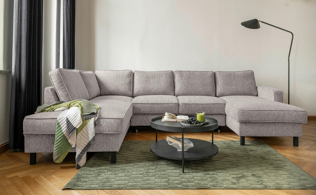 SJEDEĆA GARNITURA tekstil  sivo-bijela   - sivo-bijela/crna, tekstil/drvo (198/298/148cm) - MID.YOU
