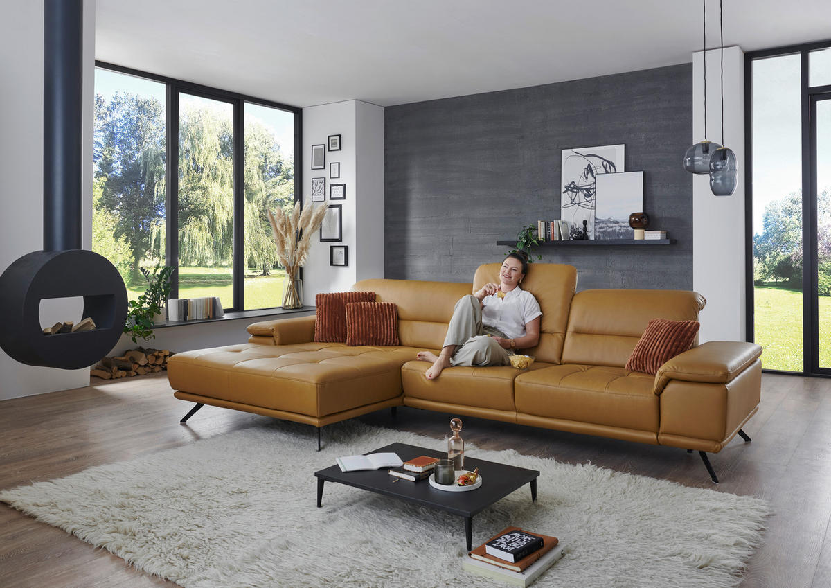 ECKSOFA Echtleder Currygelb  - Currygelb/Schwarz, Konventionell, Leder/Metall (193/343cm) - Beldomo Premium
