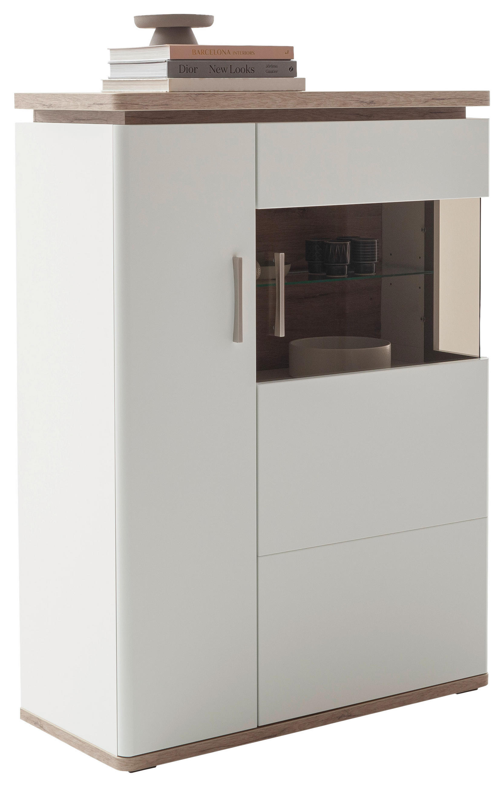 HIGHBOARD Tbilisi in 90/124/38 cm - Weiss/Eichefarben, Design, Glas/Holzwerkstoff (90/124/38cm) - Livetastic