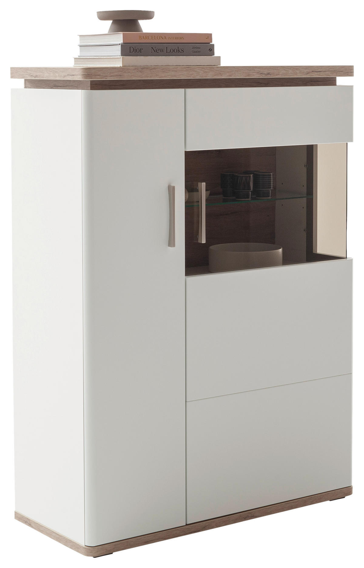 HIGHBOARD Tbilisi  in 90/124/38 cm  - Weiss/Eichefarben, Design, Glas/Holzwerkstoff (90/124/38cm) - Livetastic