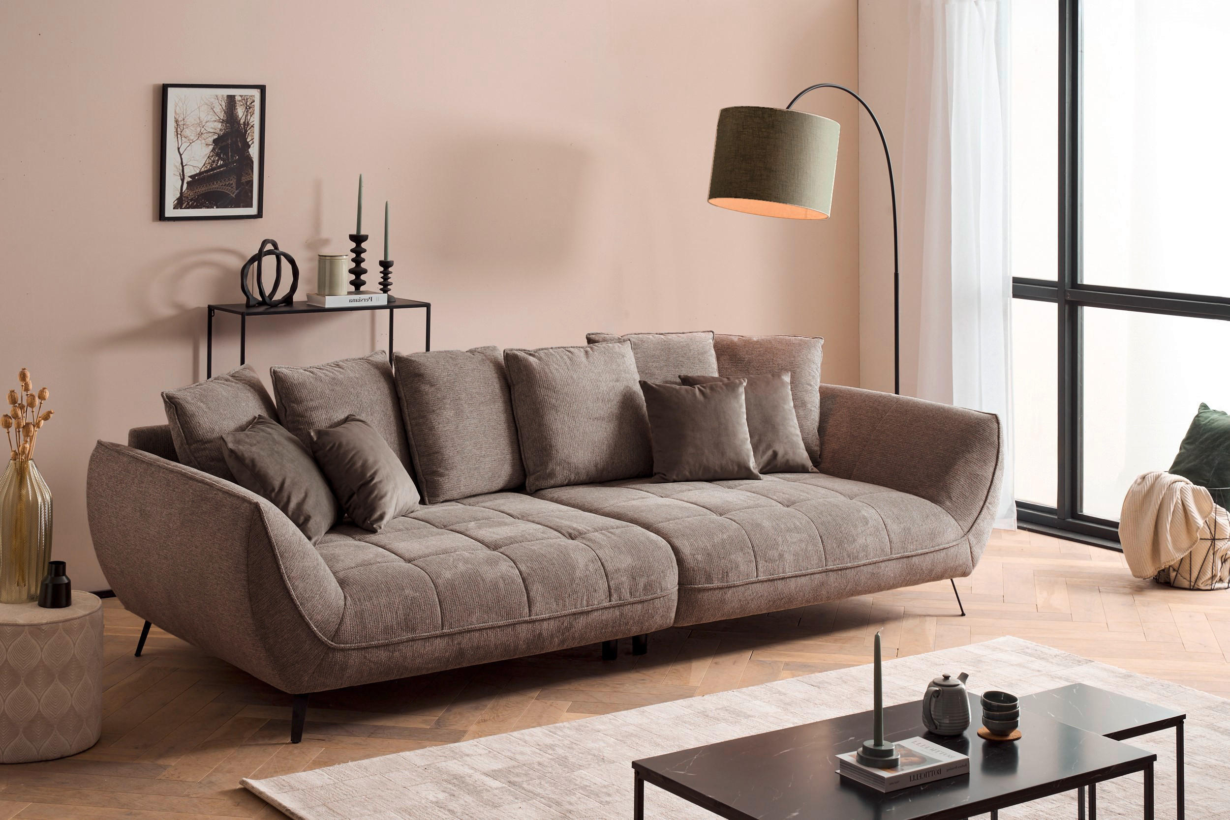 BIGSOFA in Flachgewebe Taupe  - Taupe/Schwarz, Design, Textil/Metall (311/95/130cm) - Livetastic
