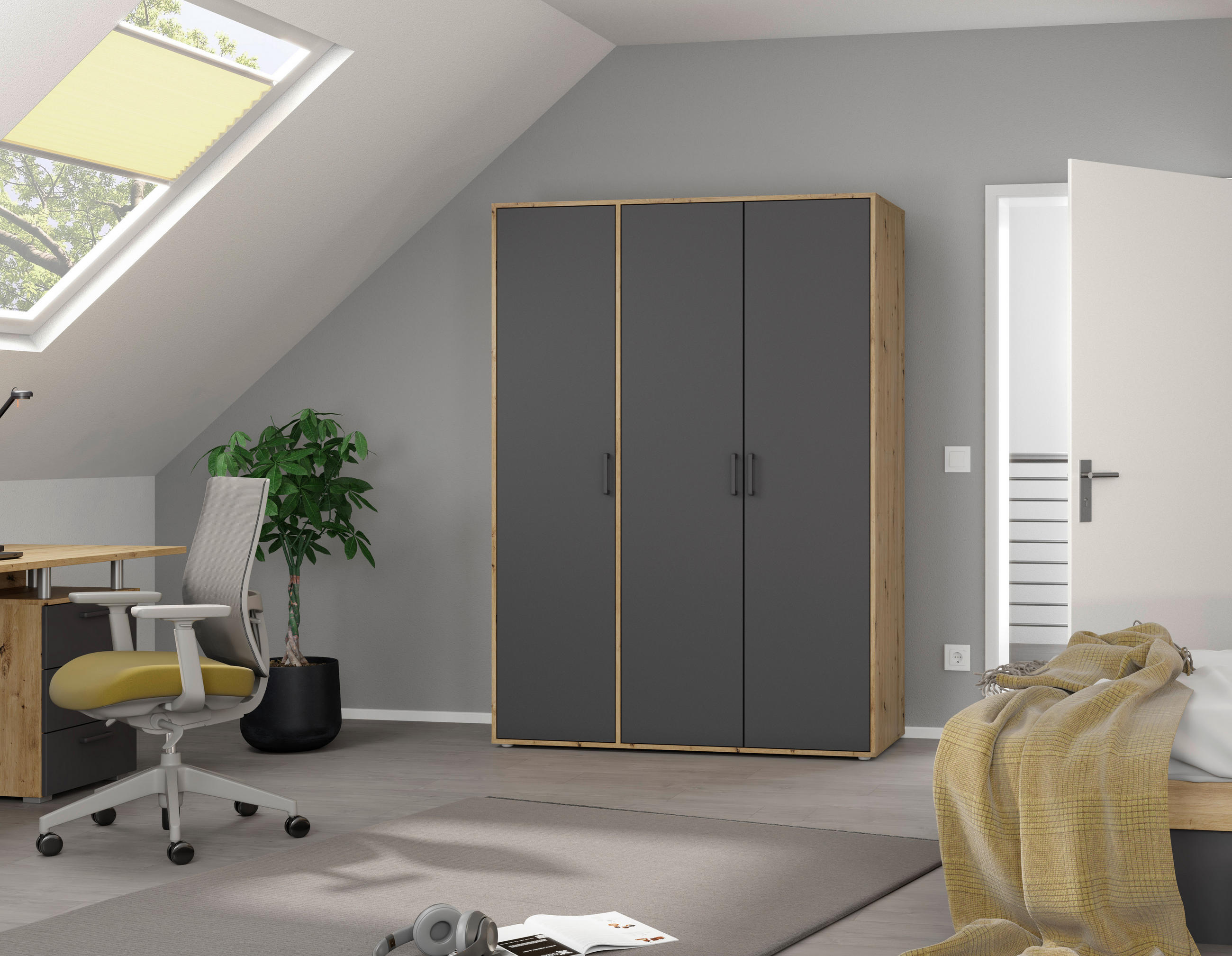 DREHTÜRENSCHRANK in Grau, Eiche Artisan  - Eiche Artisan/Grau, Modern, Holzwerkstoff/Kunststoff (140/194/53cm) - Rauch Möbel