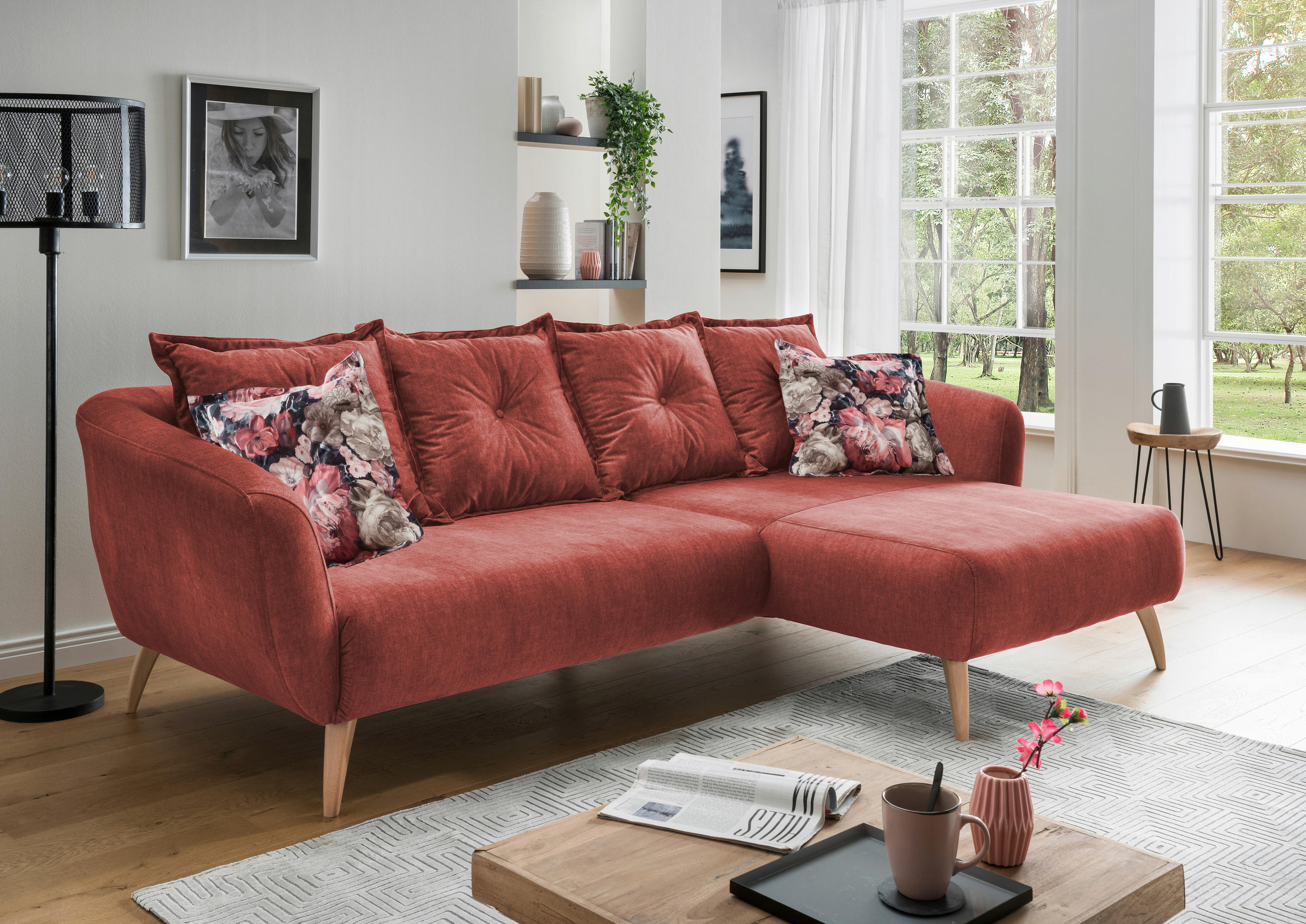 ECKSOFA in Velours Koralle, Multicolor 277/162 cm - Koralle/Buchefarben, MODERN, Holz/Textil (277/162cm) - Livetastic