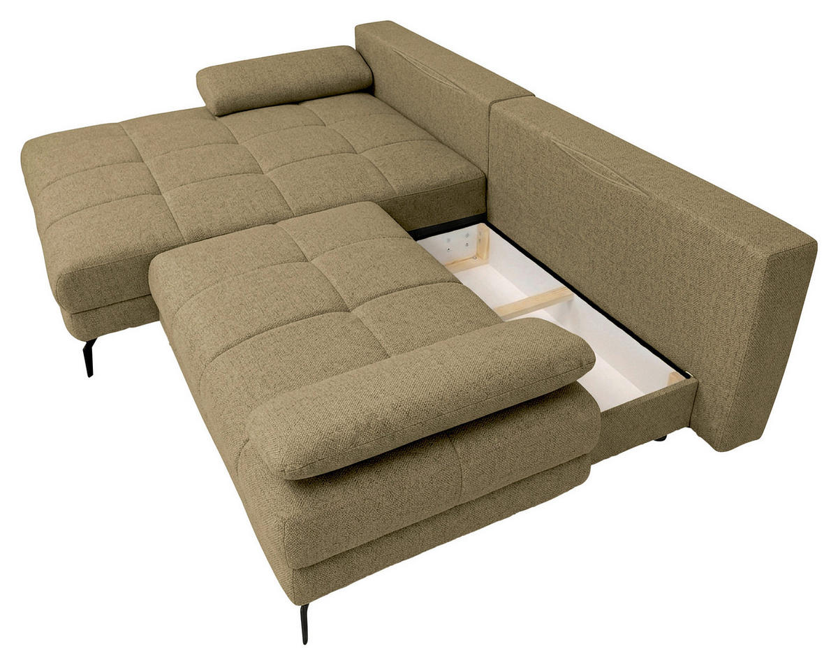 ECKSOFA Olivgrün Struktur Rückenkissen, Bettkasten, Schlaffunktion, Rücken echt, Armteilverstellung, Liegefläche im Originalstoff  - Beige/Schwarz, MODERN, Textil/Metall (181/263cm) - Carryhome