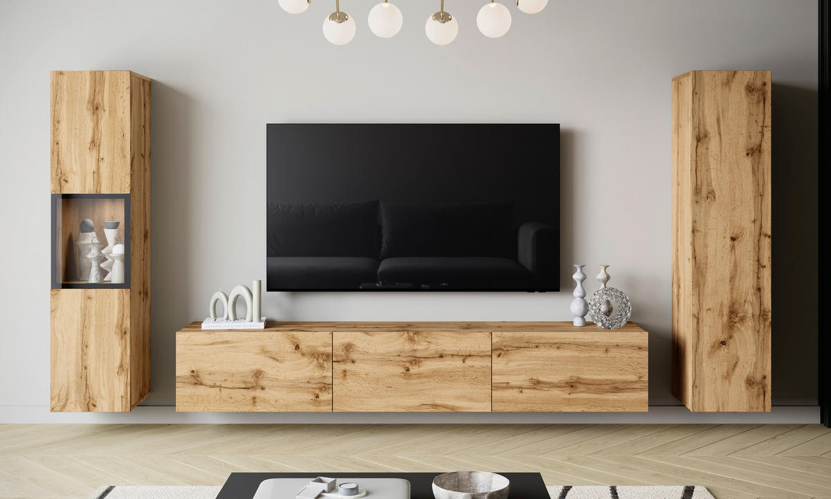 WOHNWAND Berlin 3-teilig  in Eiche Wotan  240/130/31 cm   - Eiche Wotan/Grau, Design, Glas/Holzwerkstoff (240/130/31cm) - P & B