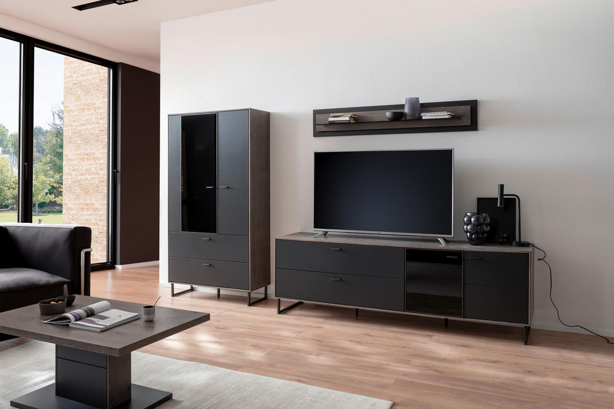 WOHNWAND  in Schwarz, Eichefarben  321/185/50 cm  - Eichefarben/Anthrazit, Design, Glas/Holz (321/185/50cm) - MID.YOU