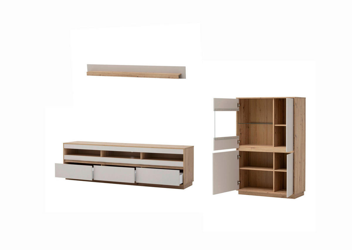 WOHNWAND 3-teilig  in Eiche Artisan  292/205/40 cm  - Kaschmir/Eiche Artisan, Design, Glas/Holzwerkstoff (292/205/40cm) - MID.YOU