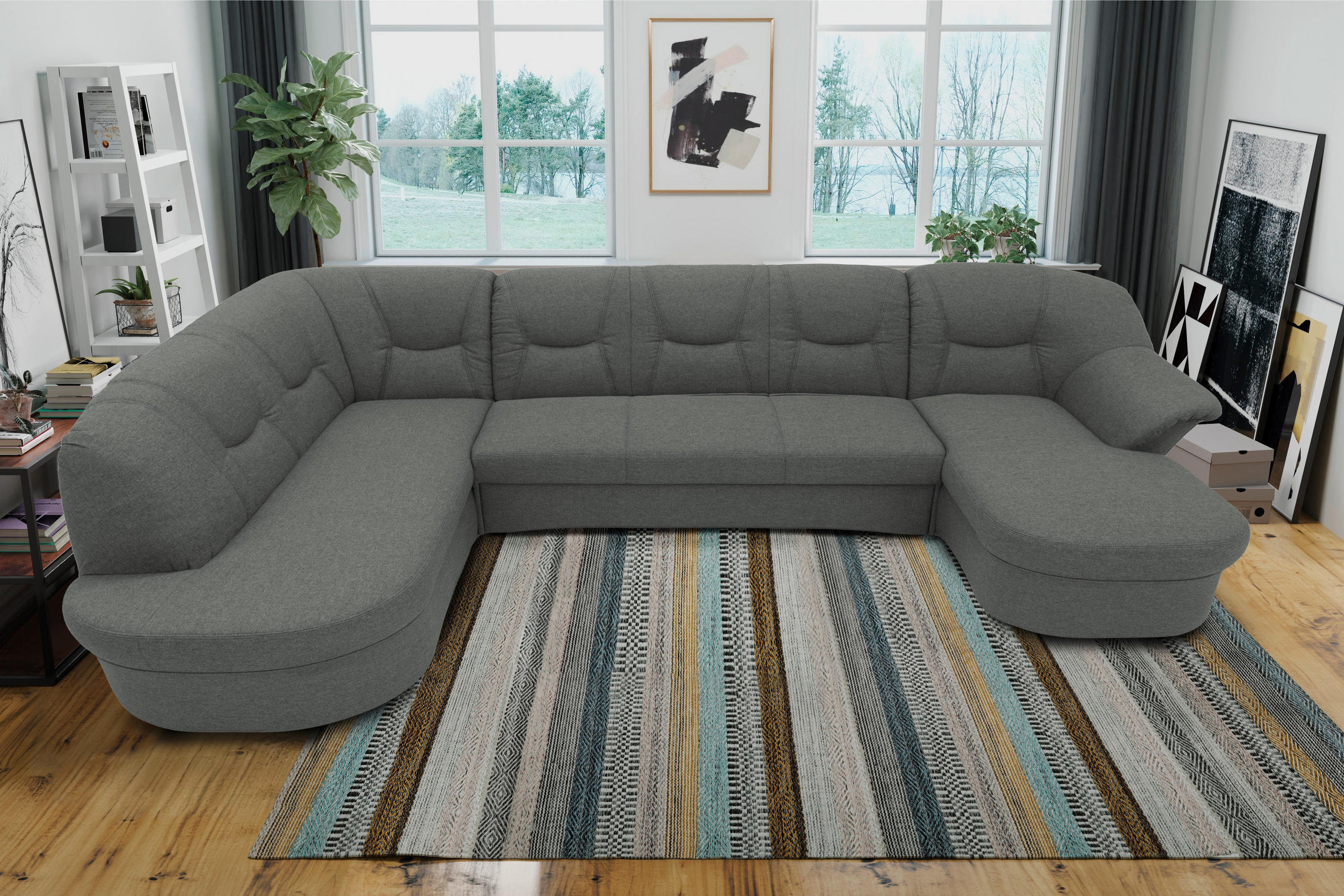 Thumbnail - Mid.you Wohnlandschaft, Dunkelgrau, Textil, Uni, 5-Sitzer, Ottomane links, U-Form, 295x180 cm, Made in EU, FSC Mix, Rück...