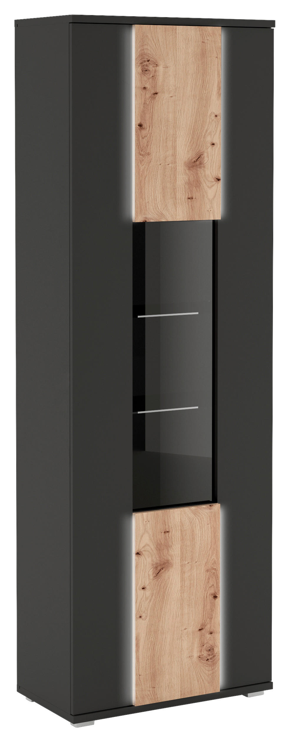 VITRINE in Schwarz, Eiche Artisan - Silberfarben/Schwarz, Design, Glas/Holzwerkstoff (70/208/39cm) - Livetastic