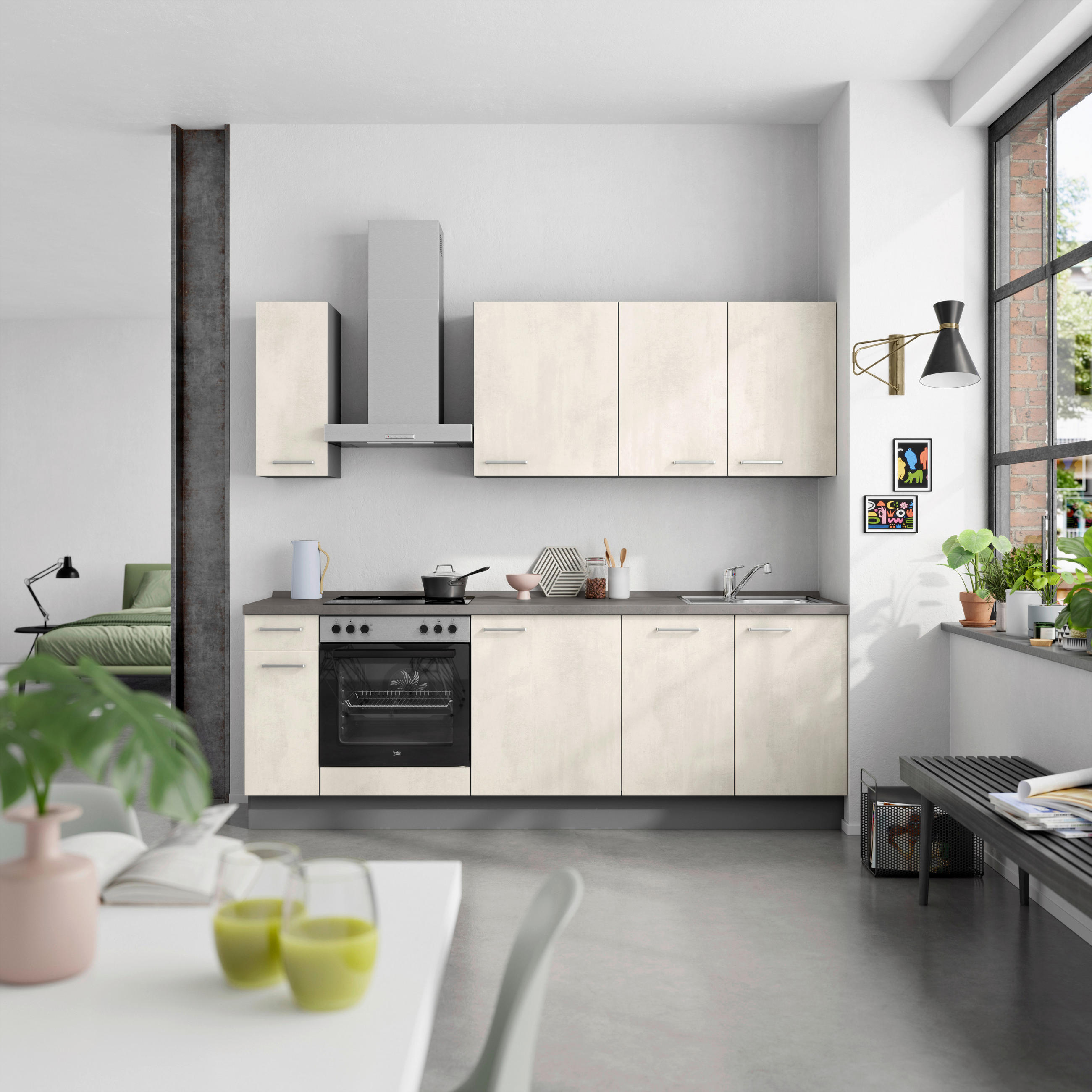 KÜCHENBLOCK Riva 240 cm  in Weiß, Schieferfarben  - Schieferfarben/Edelstahlfarben, MODERN, Holzwerkstoff/Metall (240cm) - Nobilia