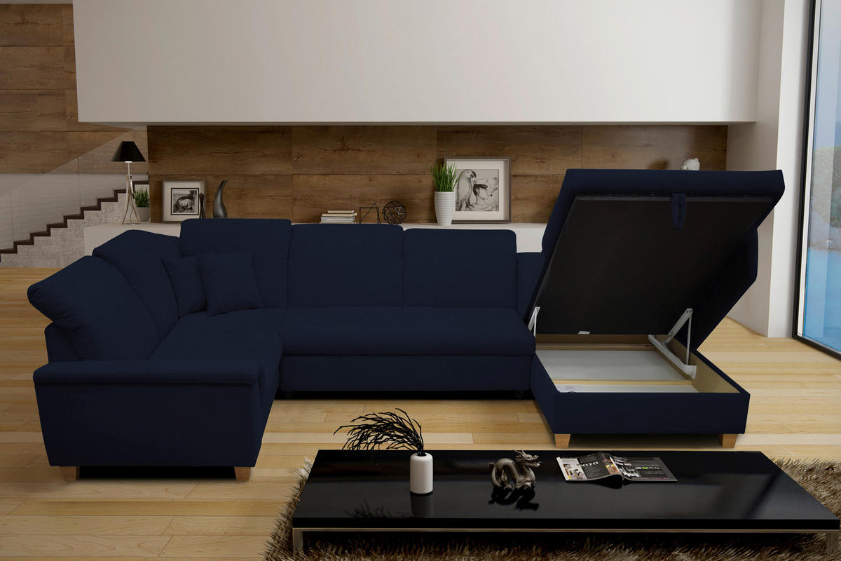 WOHNLANDSCHAFT Dunkelblau Mikrofaser  - Eichefarben/Dunkelblau, KONVENTIONELL, Holz/Textil (214/352/170cm) - MID.YOU