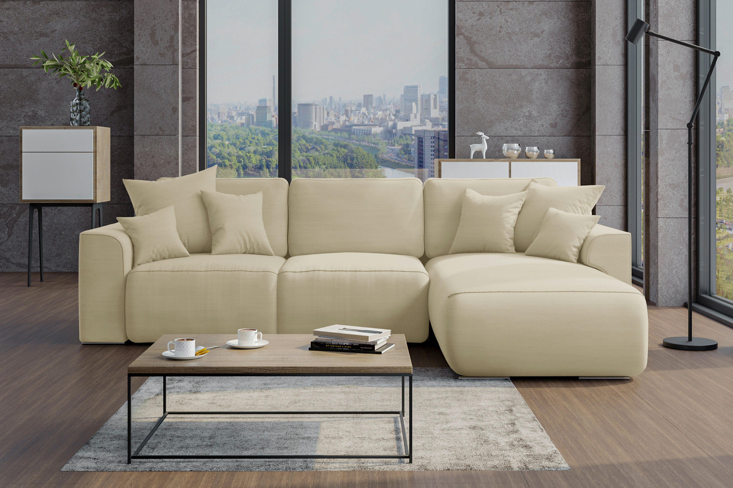 ECKSOFA in Cord Beige  - Chromfarben/Beige, Konventionell, Kunststoff/Textil (293/195cm) - MID.YOU