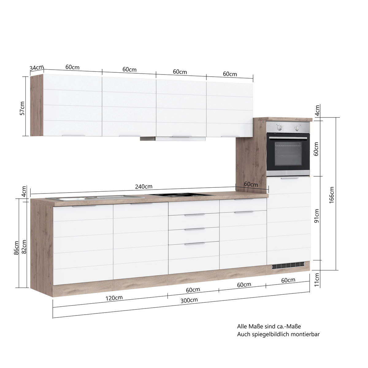 KÜCHENBLOCK 300 cm   in Weiß, Eiche Wotan  - Eiche Wotan/Weiß, Design, Holzwerkstoff/Metall (300cm) - Held