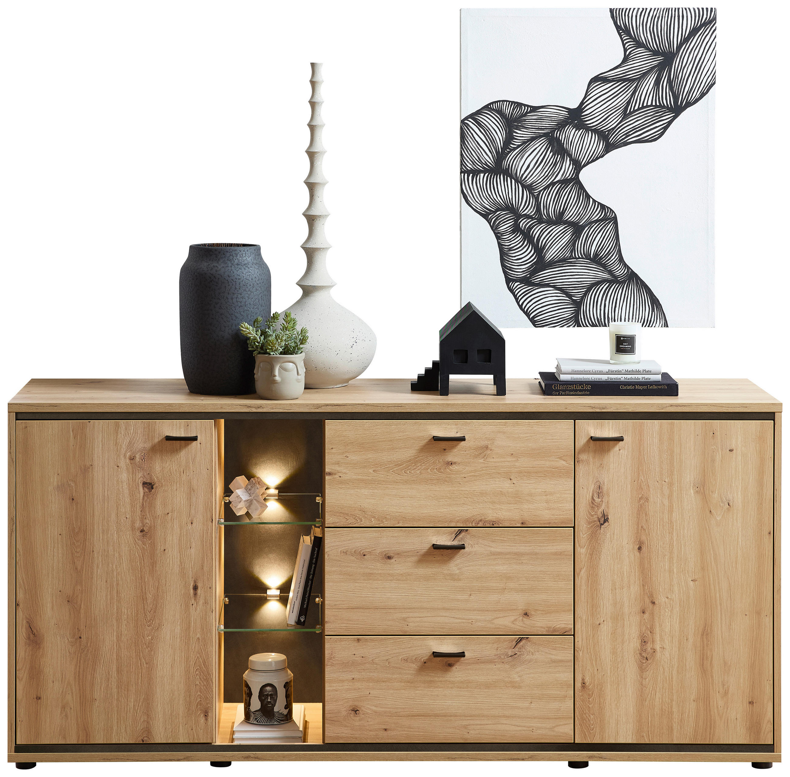 SIDEBOARD Anthrazit, Eiche Artisan  180/86/49 cm  - Anthrazit/Schwarz, Design, Glas/Holzwerkstoff (180/86/49cm) - Stylife