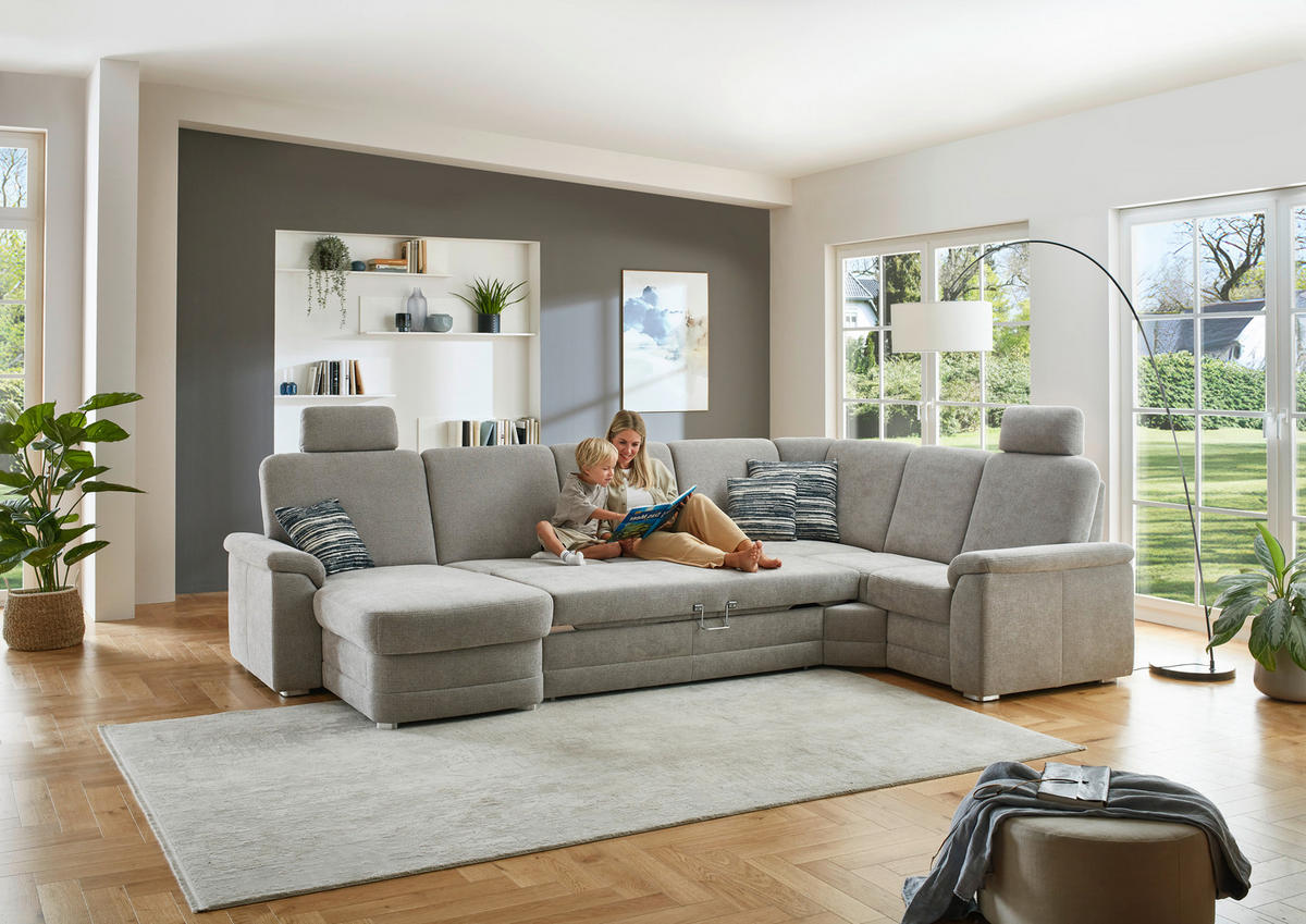 WOHNLANDSCHAFT  in Chenille Hellgrau  - Hellgrau/Alufarben, KONVENTIONELL, Holz/Textil (160/329/235cm) - Beldomo Comfort