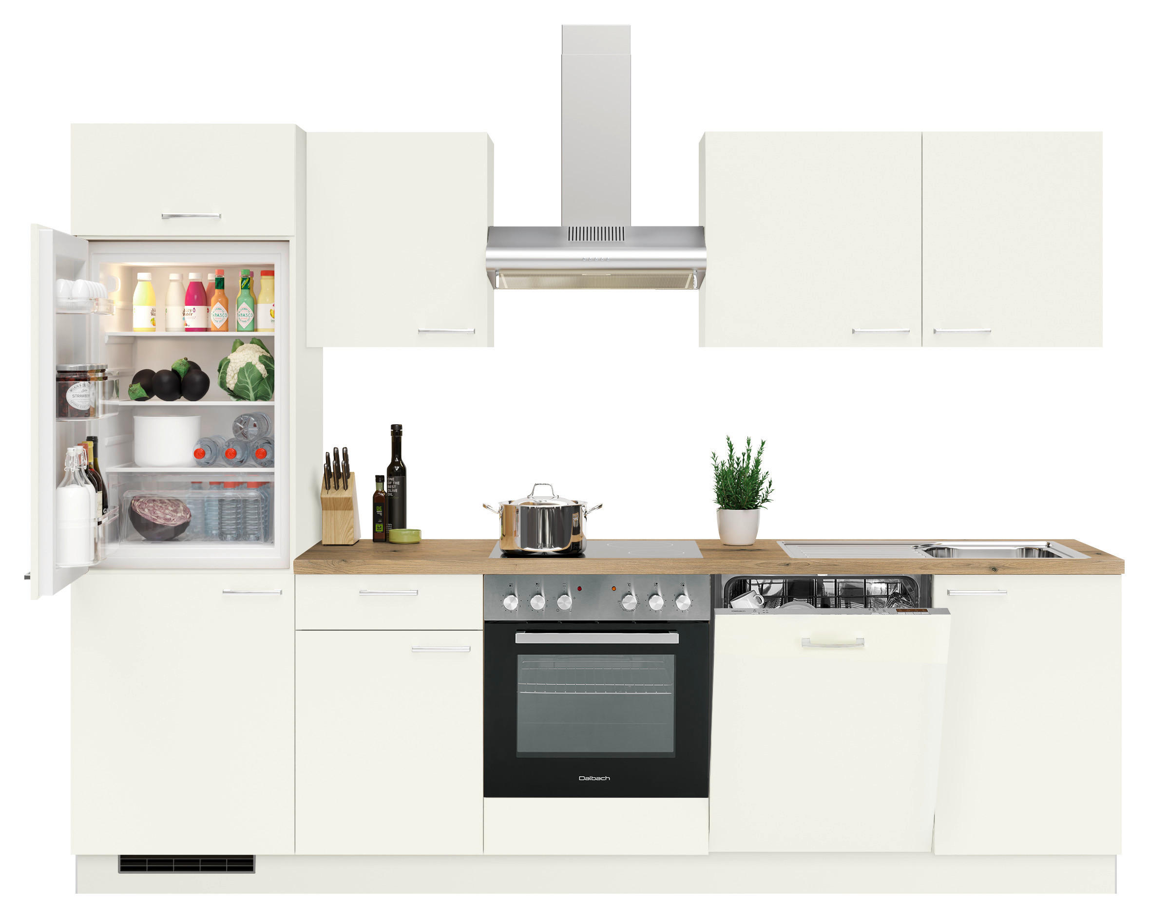 KÜCHENBLOCK 280 cm   in Magnolie  - Edelstahlfarben/Eichefarben, KONVENTIONELL, Holzwerkstoff/Metall (280cm) - Welnova