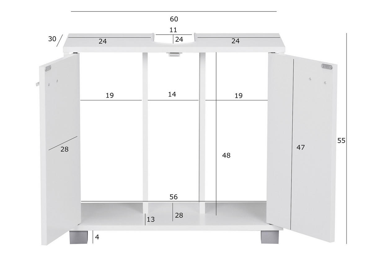 OMARICA ZA POD UMIVALNIK 60/55/30 cm  - bela/barve aluminija, Basics, kovina/umetna masa (60/55/30cm) - MID.YOU