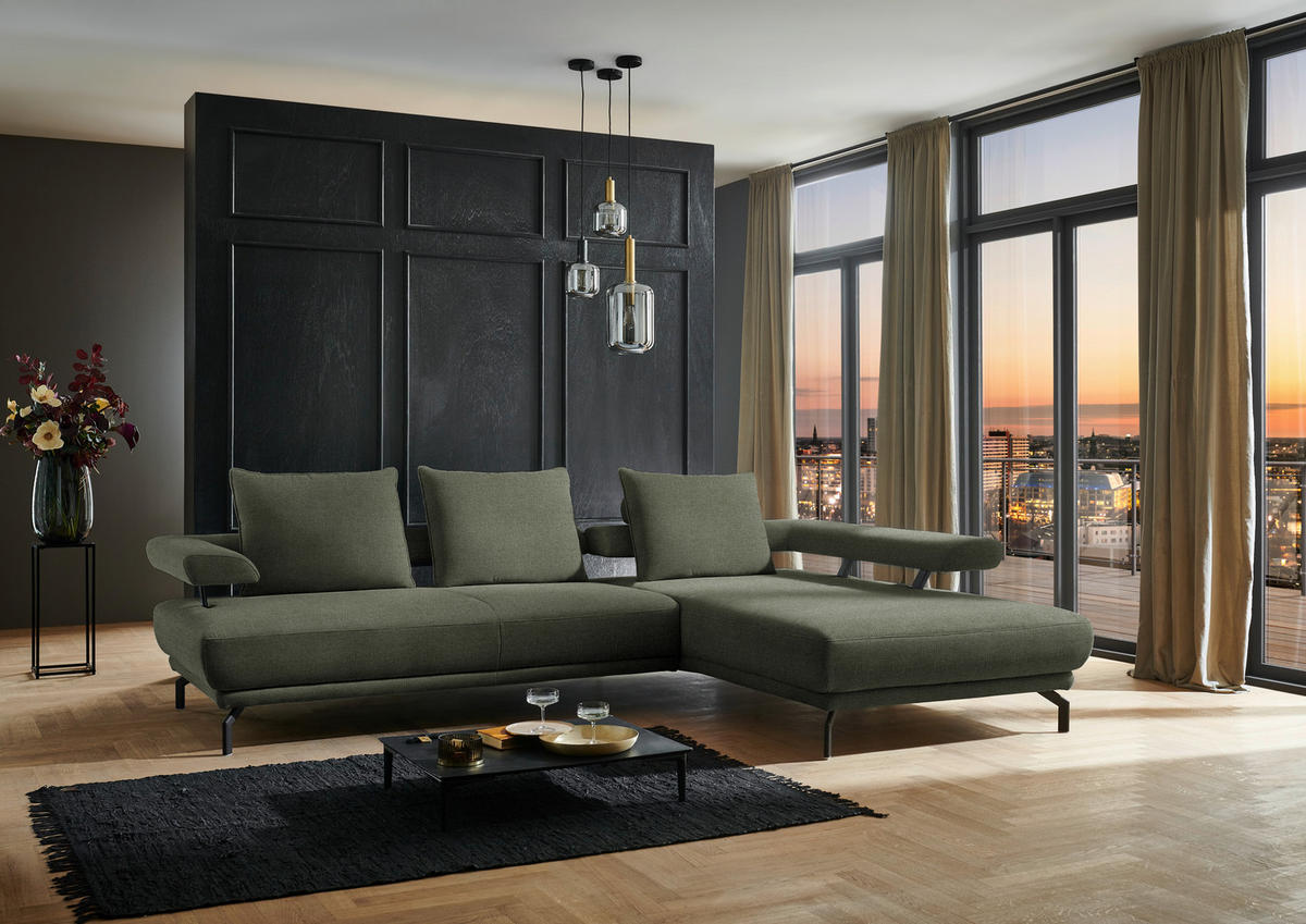 ECKSOFA in Chenille Olivgrün  - Schwarz/Olivgrün, Design, Textil/Metall (305/224cm) - Dieter Knoll