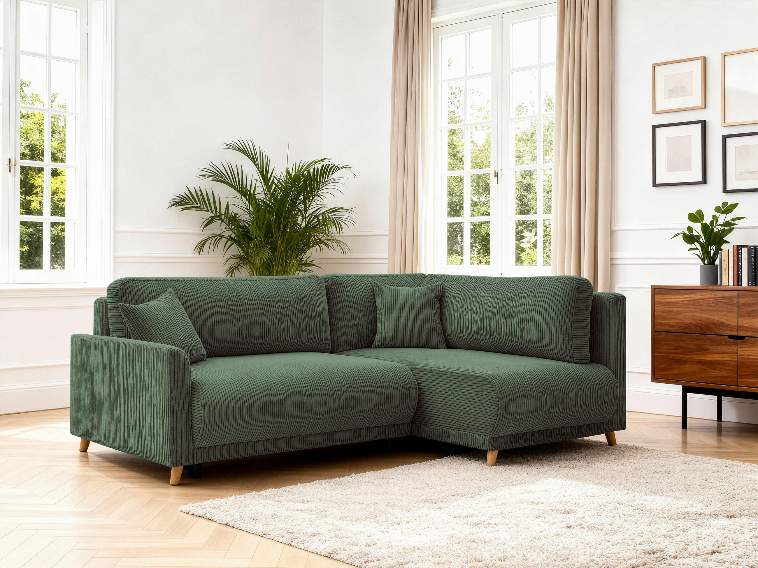 ECKSOFA MILOS Grün Cord Rückenkissen, Bettkasten, Schlaffunktion, Rücken echt  - Naturfarben/Grün, Design, Textil (224/148cm) - P & B