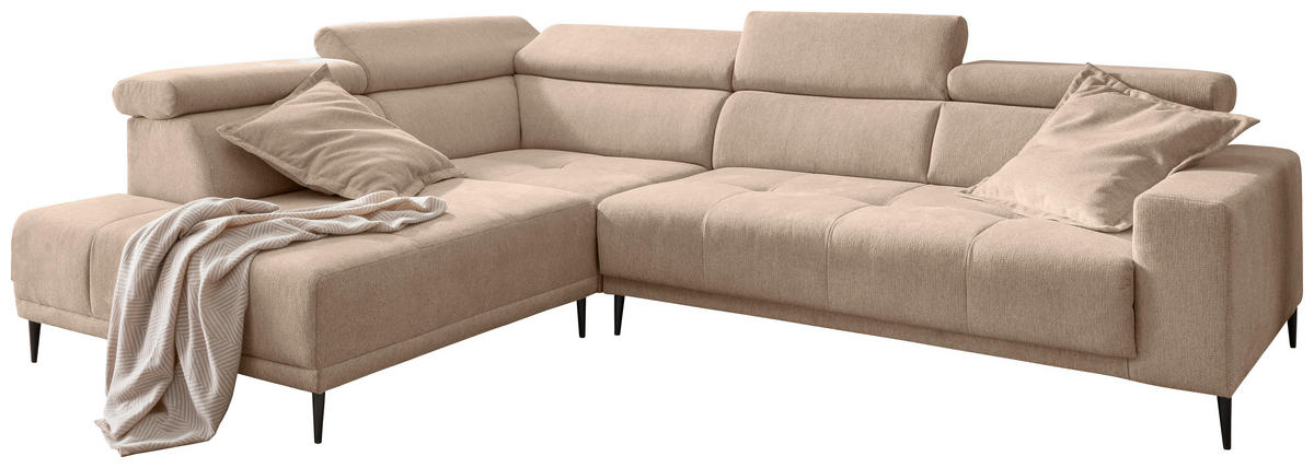 ECKSOFA INTERA Hellbraun Struktur Kopfteilverstellung, Sitzvorzug  - Hellbraun/Schwarz, KONVENTIONELL, Textil/Metall (225/305cm) - Livetastic