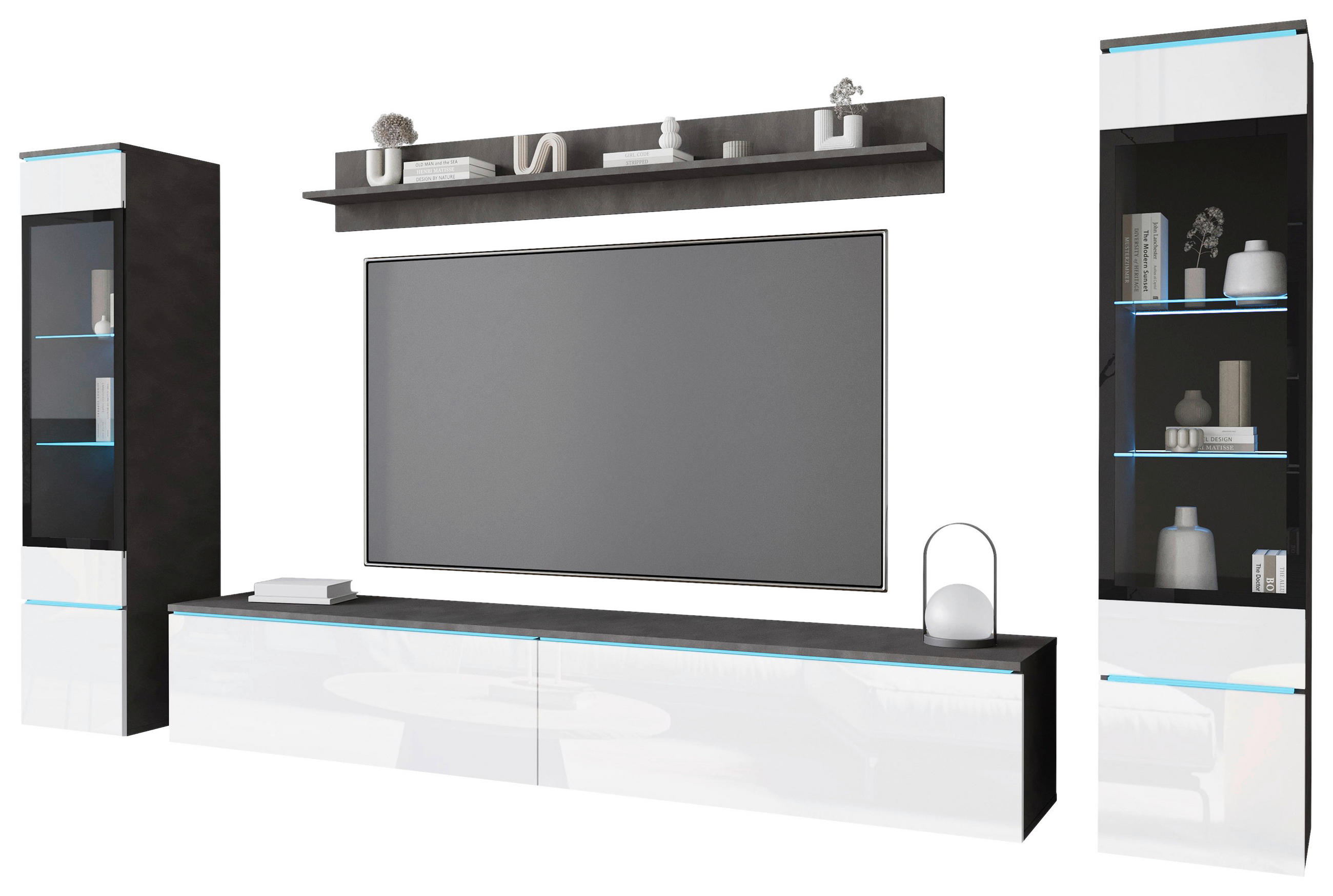 OBÝVACÍ STĚNA, antracitová, vysoce lesklá bílá - šedá/antracitová, Design, kompozitní dřevo/plast (240/130/33cm) - Livetastic