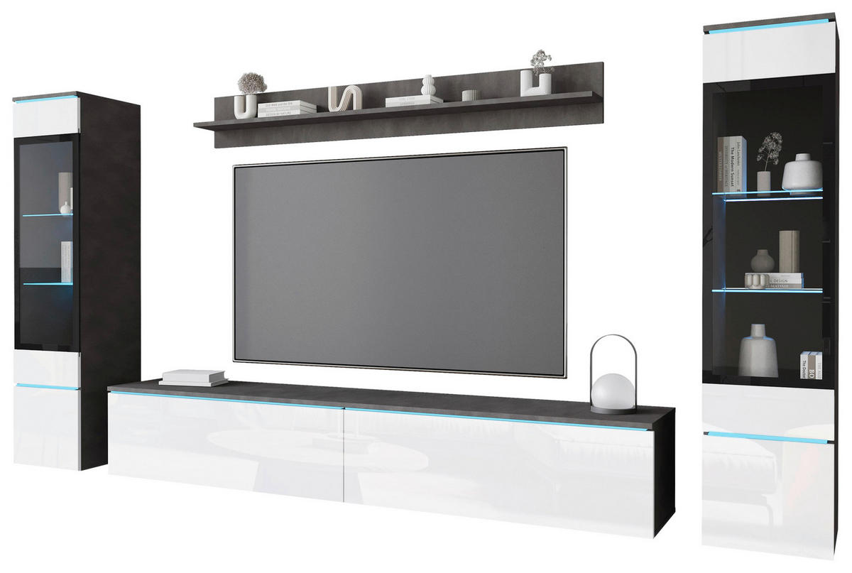 WOHNWAND 4-teilig  in Anthrazit, Weiß Hochglanz  240/130/33 cm  - Weiß Hochglanz/Anthrazit, Design, Glas/Holzwerkstoff (240/130/33cm) - Livetastic
