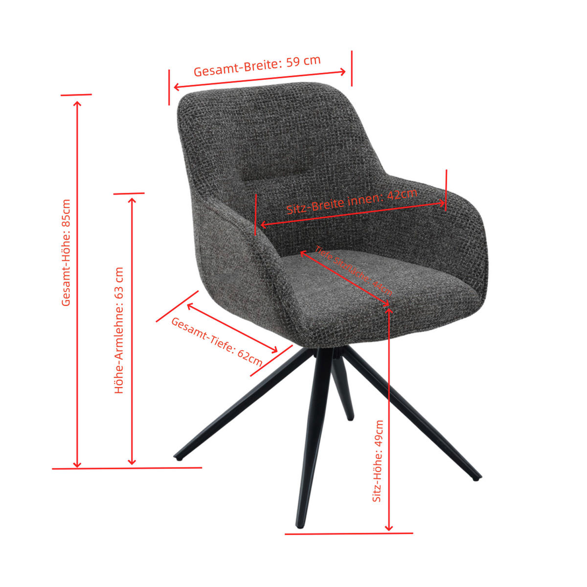 ARMLEHNSTUHL  Sitzfläche 360° drehbar, inklusive Armlehnen Webstoff  Braun, Schwarz  - Schwarz/Braun, MODERN, Textil/Metall (60/85/62cm) - Livetastic