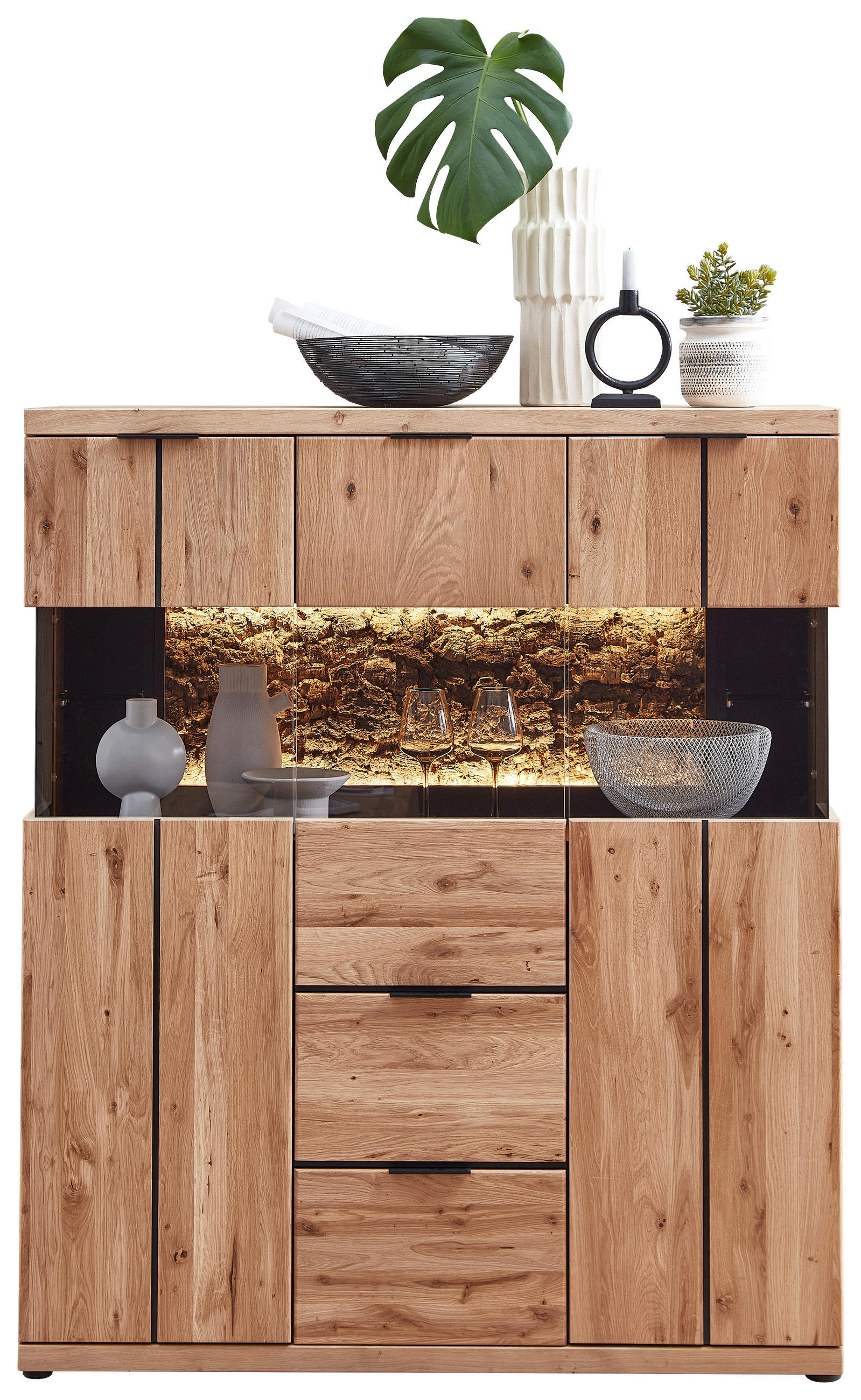 HIGHBOARD 122/144/42 cm Schwarz, Wildeiche  122/144/42 cm  - Wildeiche/Schwarz, Natur, Glas/Holz (122/144/42cm) - Linea Natura