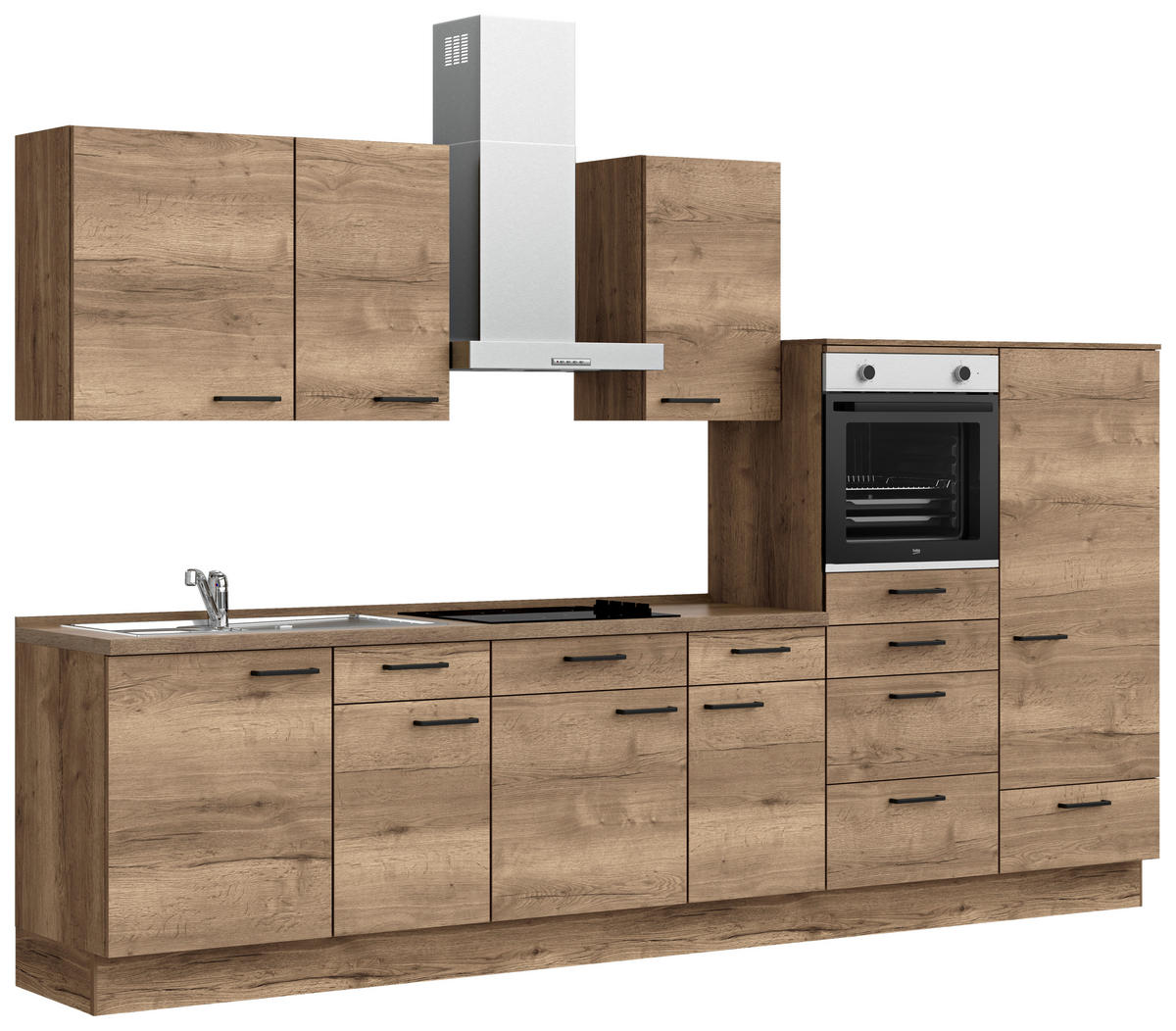 KÜCHENBLOCK 330 cm   in Eiche dunkel  - Eiche dunkel/Eichefarben, MODERN, Holzwerkstoff/Metall (330cm) - Nobilia